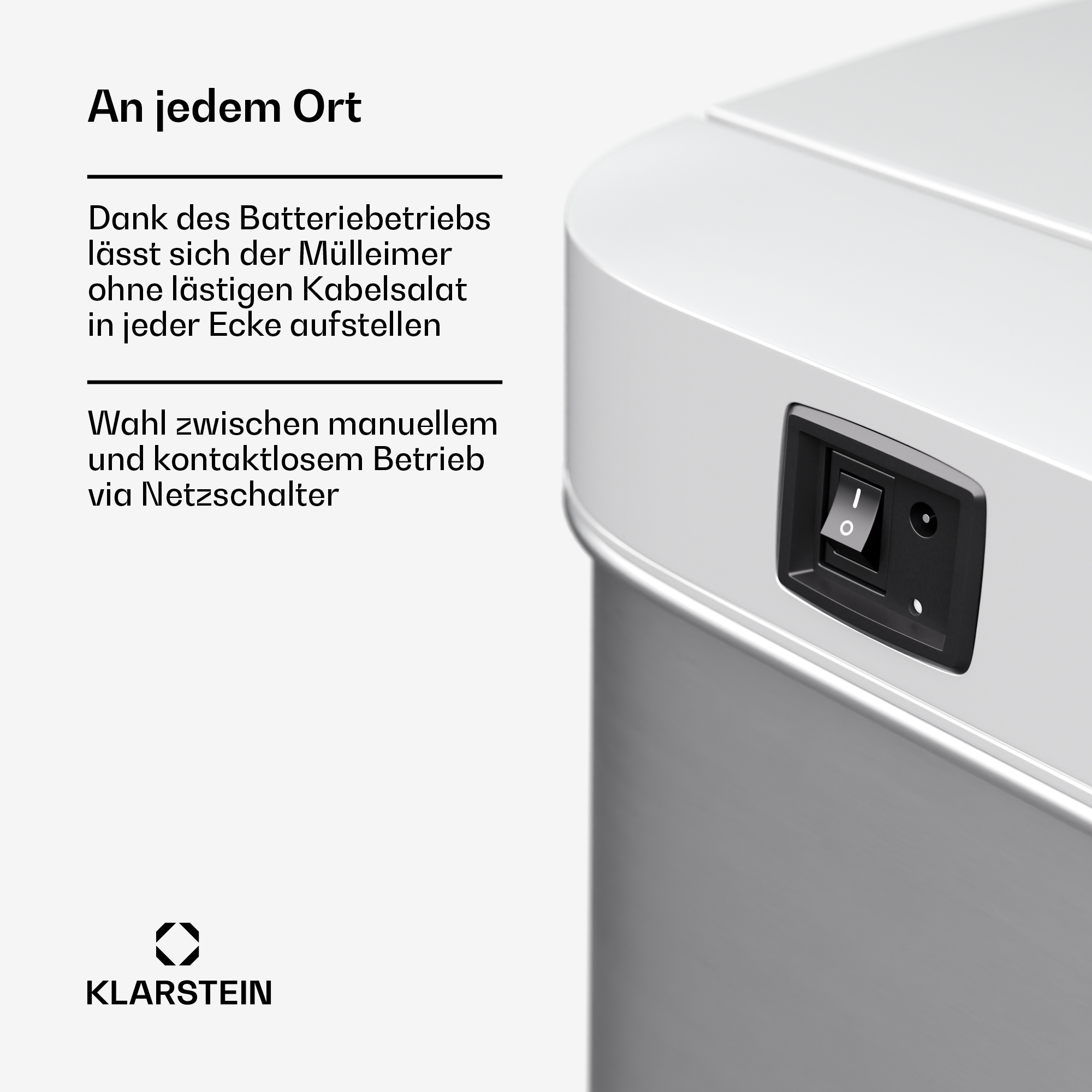 Mülleimer mit Ein-/Ausschalter. Text: Batteriebetrieb, kann überall platziert werden. Klarstein Logo.