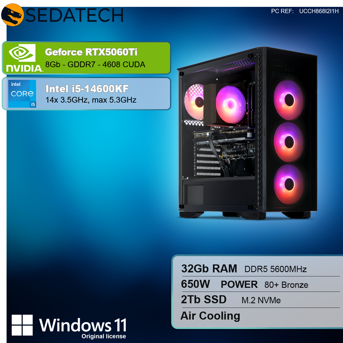 Case per computer con componenti. Testo include Nvidia, Intel, Windows 11 e specifiche.