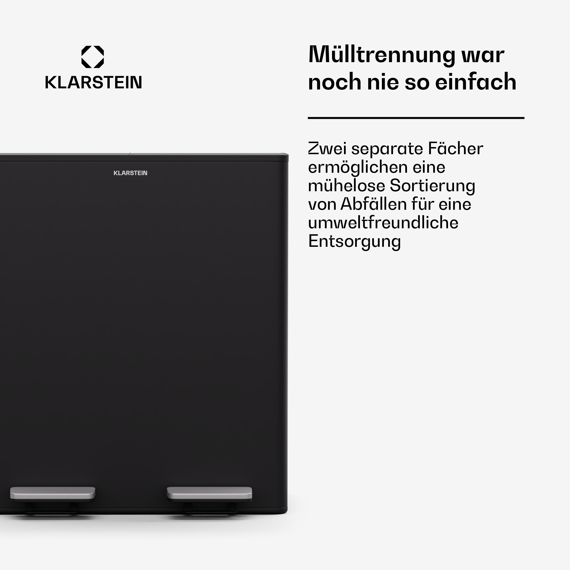 Zweifach geteilter schwarzer Mülleimer mit Fußpedalen. Klarstein Logo. Text über Mülltrennung.
