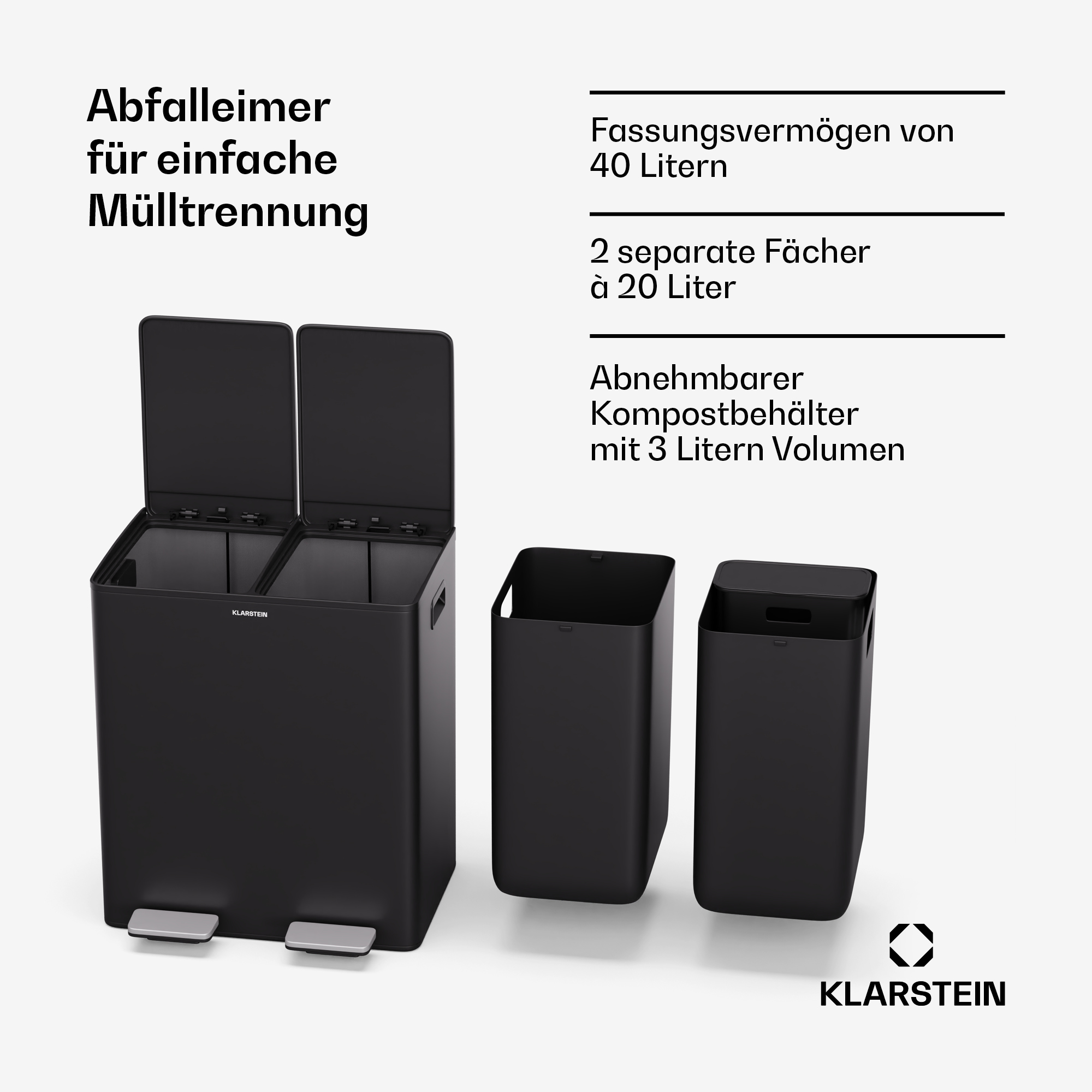 Schwarzer Mülleimer mit zwei Fächern, zwei Fußpedalen. Der Deckel ist geöffnet.