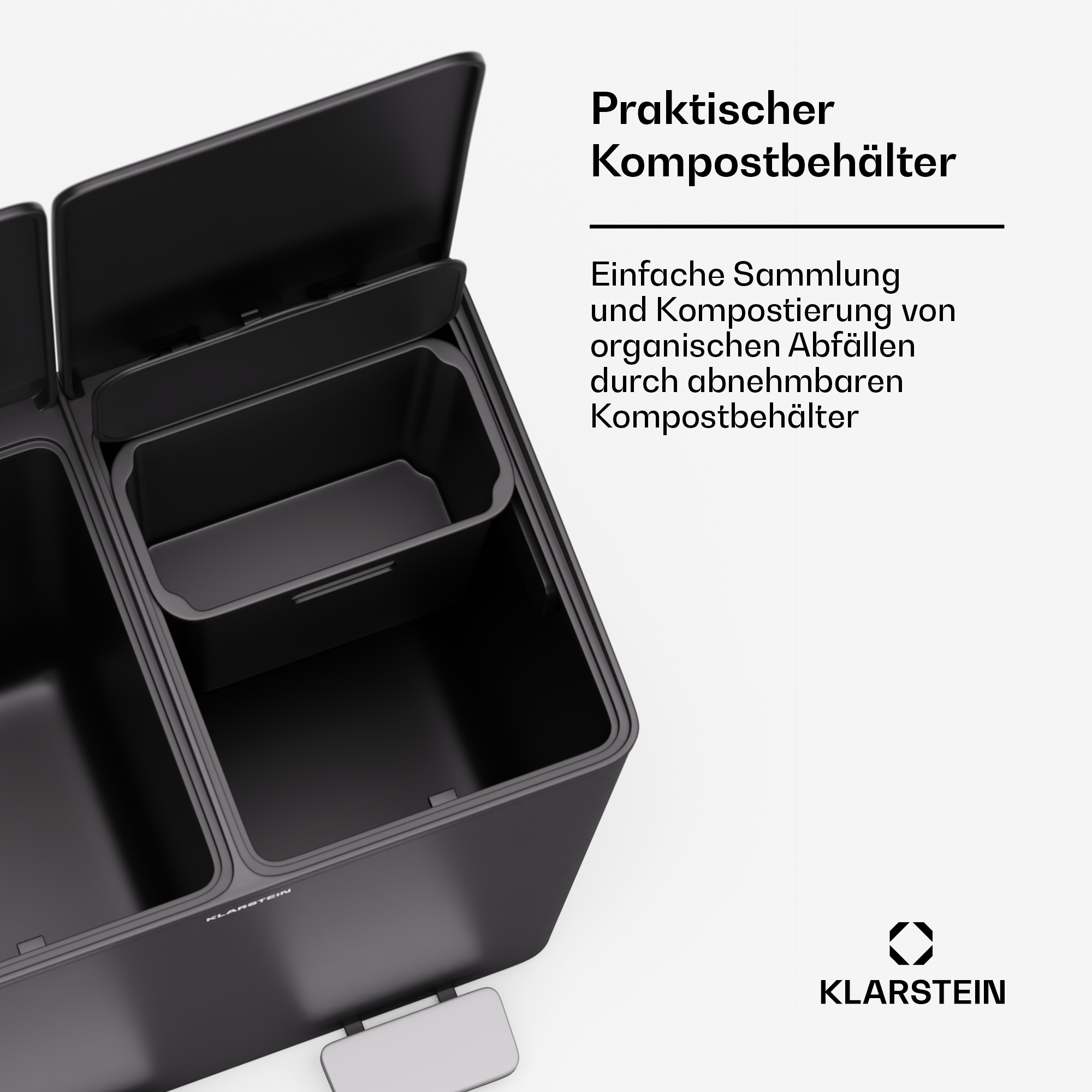 Offene schwarze Komposttonne. Innen zwei Fächer. Text sagt leichte Sammlung von Bioabfällen.