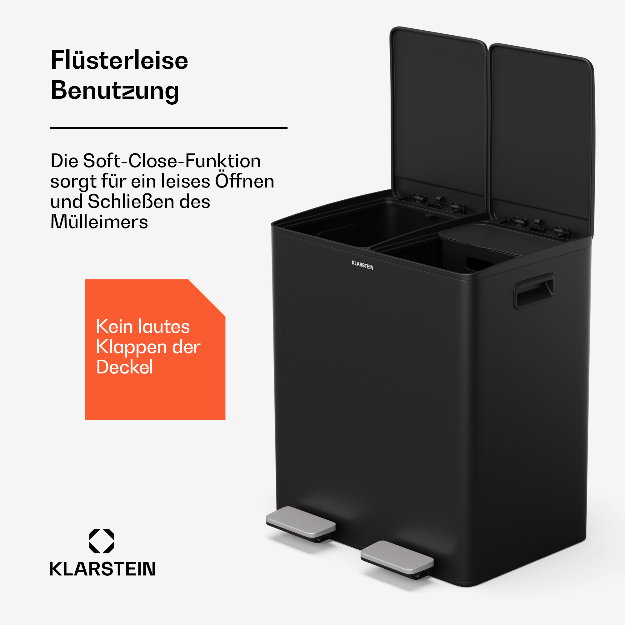 Schwarzer Mülleimer mit zwei Fächern, offenen Deckeln, Fußpedalen. Text zur Deckel-Funktion.