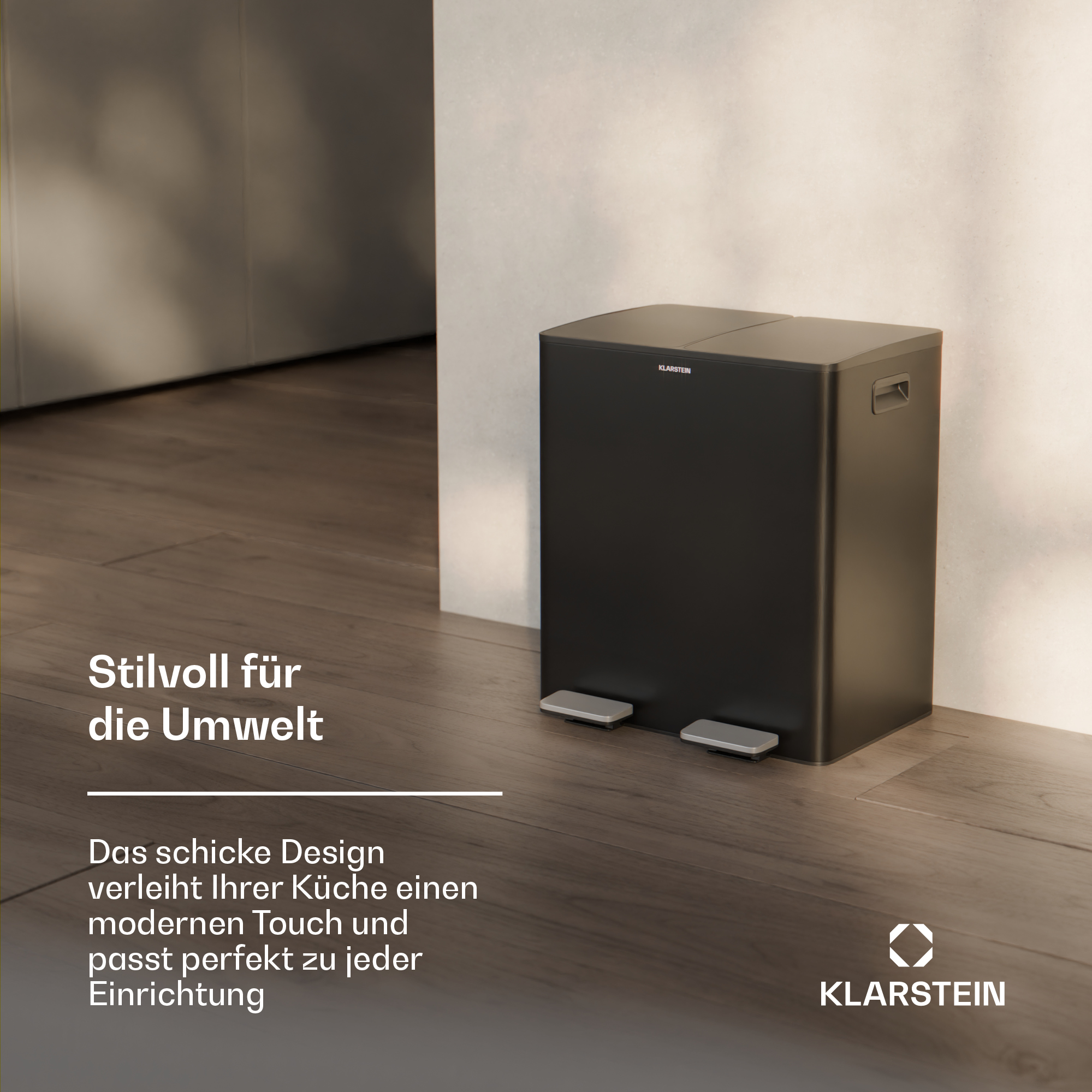 Schwarzer Mülleimer mit Fußpedalen. Text: Stilvolles Design wertet jeden Raum auf. Klarstein Logo.