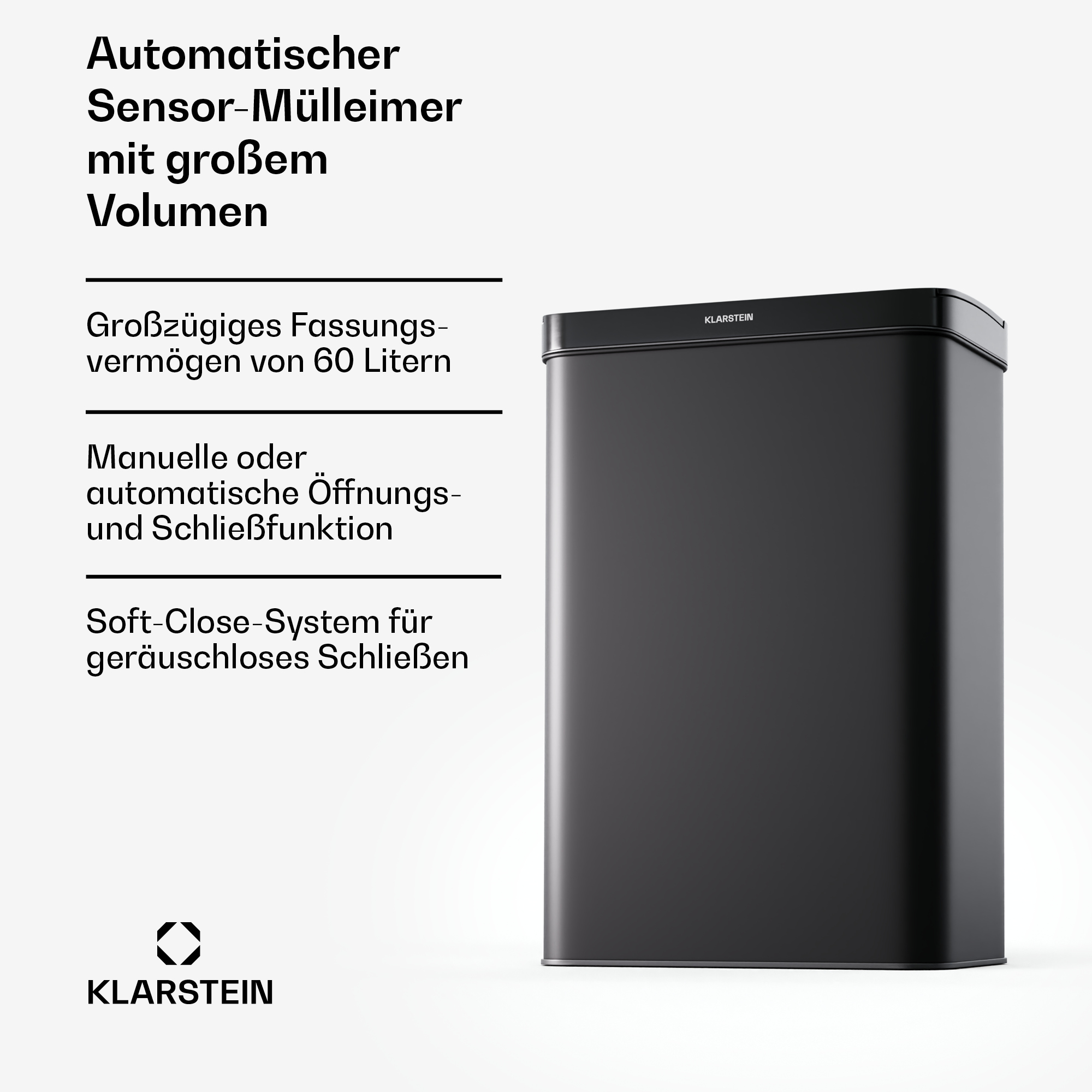 Schwarzer rechteckiger Mülleimer mit Deckel, Text beschreibt Funktionen und Markenlogo.