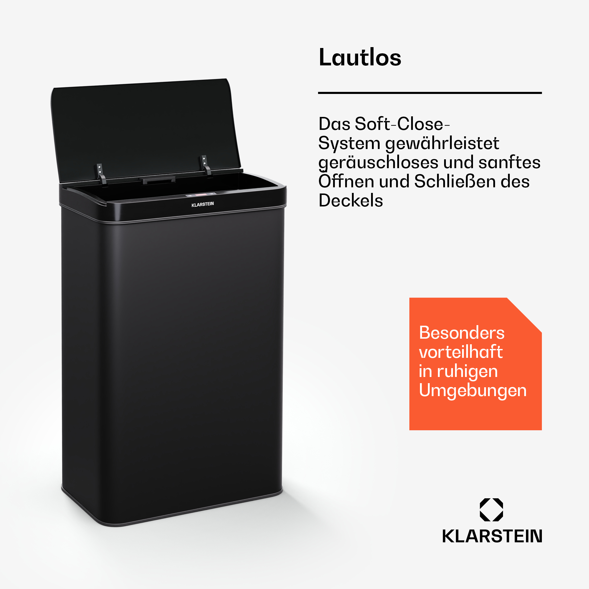 Schwarze rechteckige Mülltonne mit offenem Deckel. Text über Soft-Close-System.