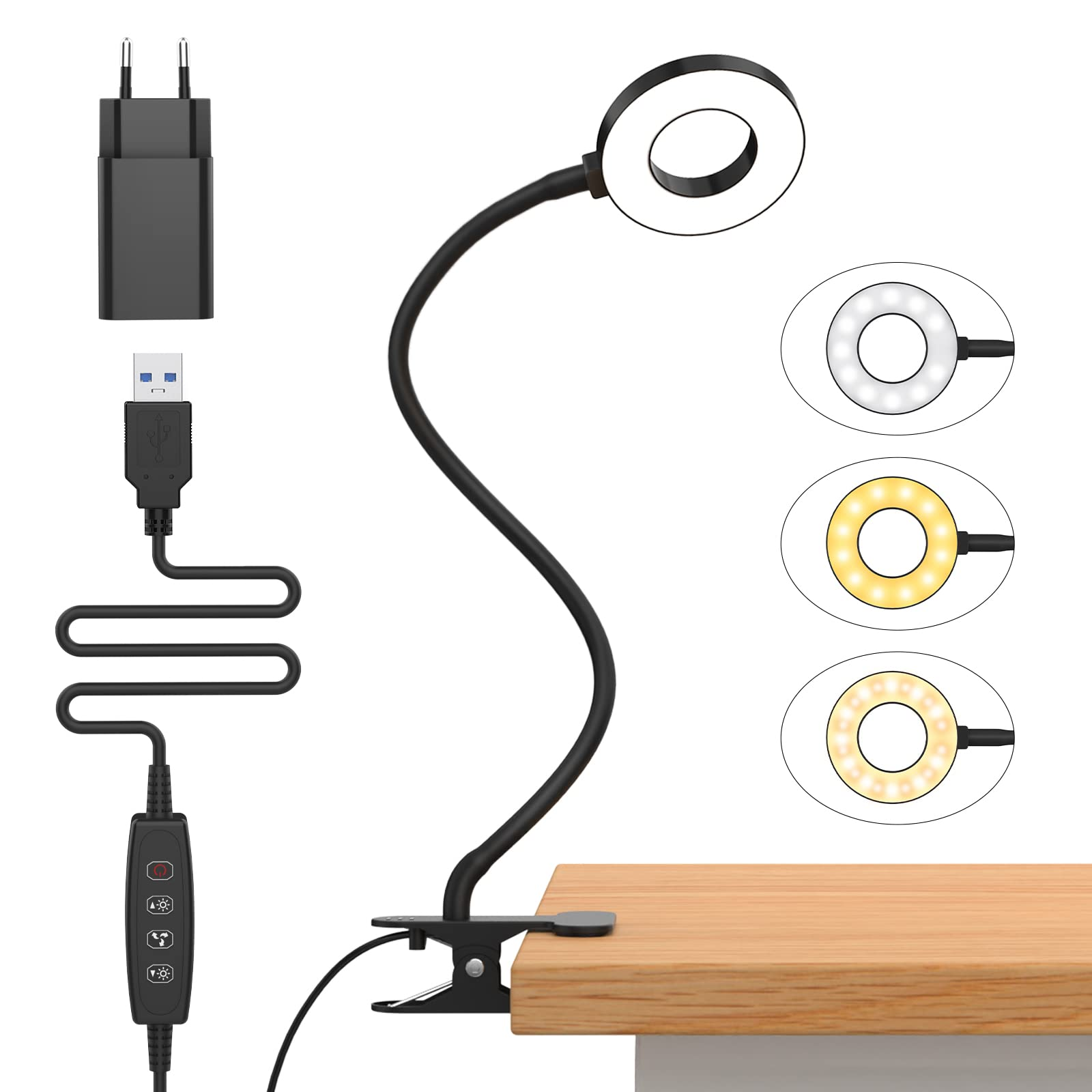 Eine flexible Schreibtischlampe mit Ringlicht und USB-Kabel. Sie steht auf einer Holzoberfläche.