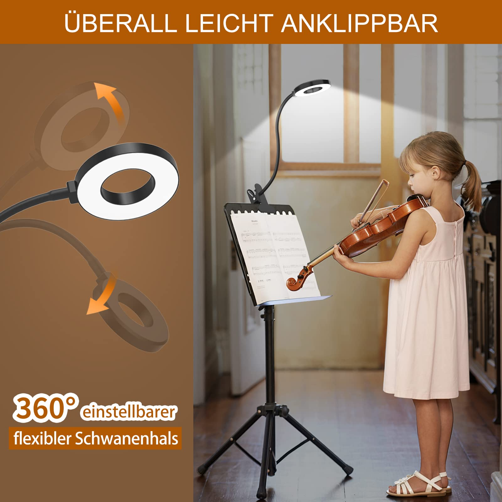 Mädchen spielt Geige mit Notenständer und schwarzer Schreibtischlampe. Flexibler Schwanenhals gezeigt.