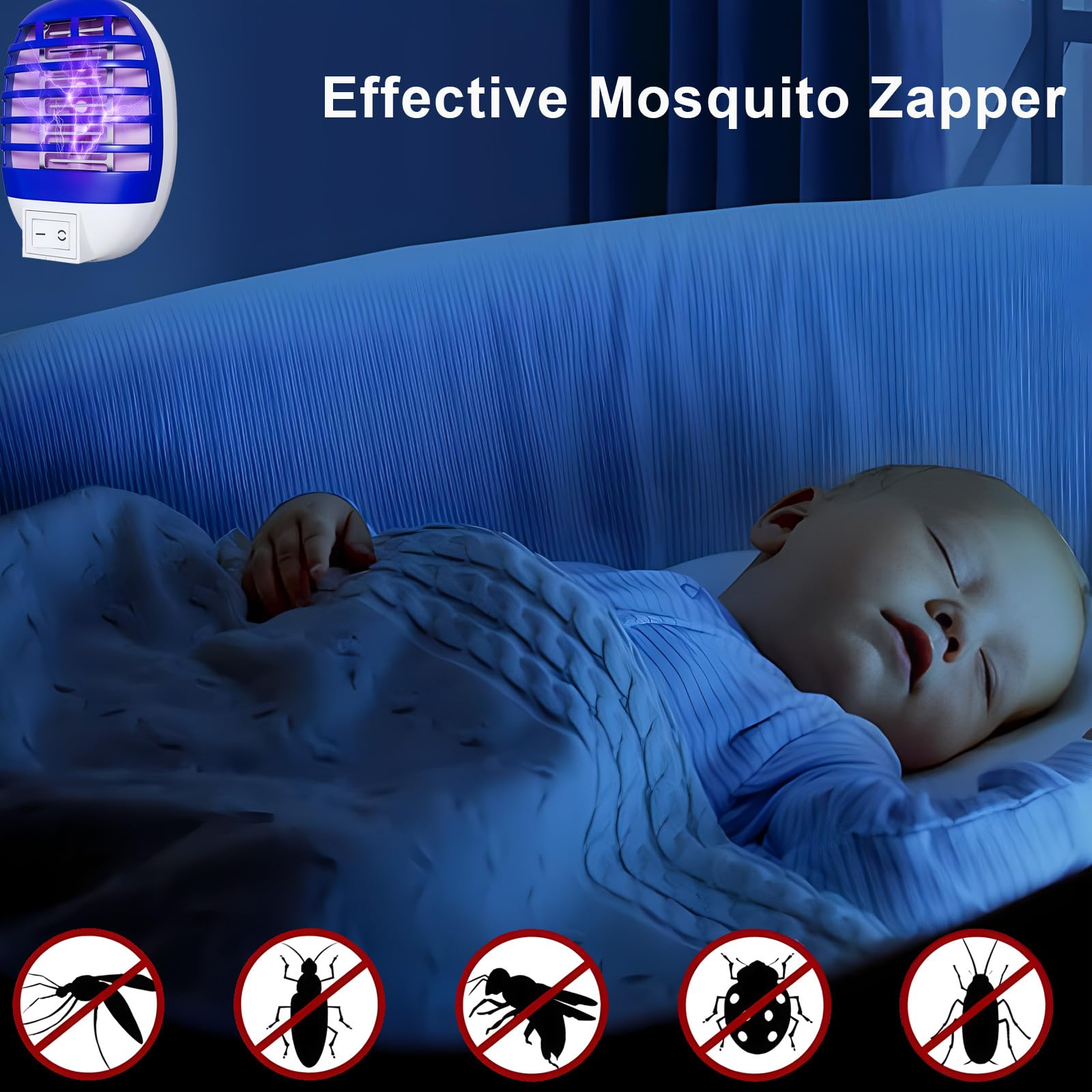 Baby schläft im Bett. Mückenvernichter im Hintergrund. Verschiedene Insekten durchgestrichen.