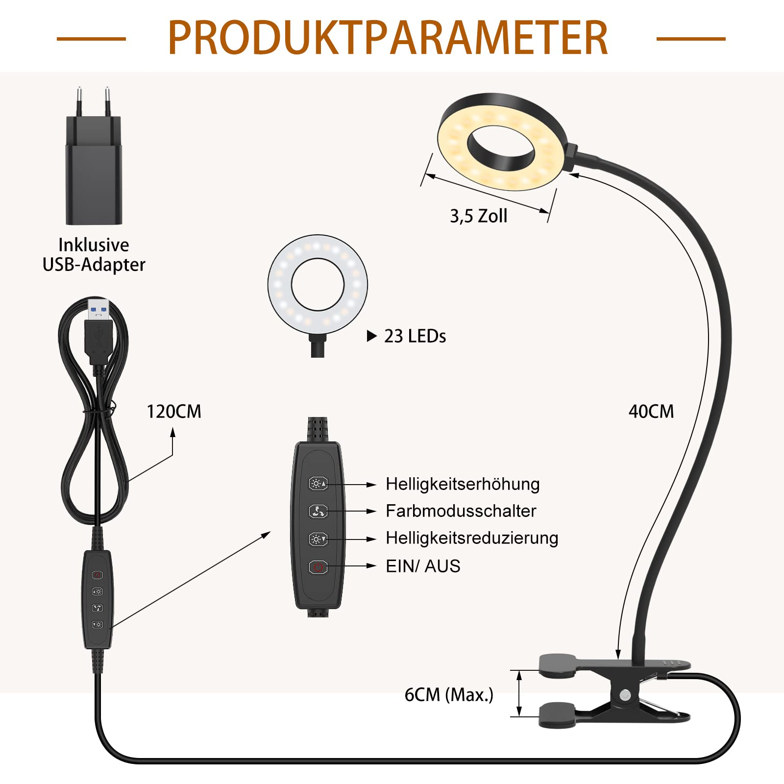Schwarze Schreibtischlampe mit Ringlicht. USB-Adapter und Bedienfeld sind ebenfalls abgebildet.