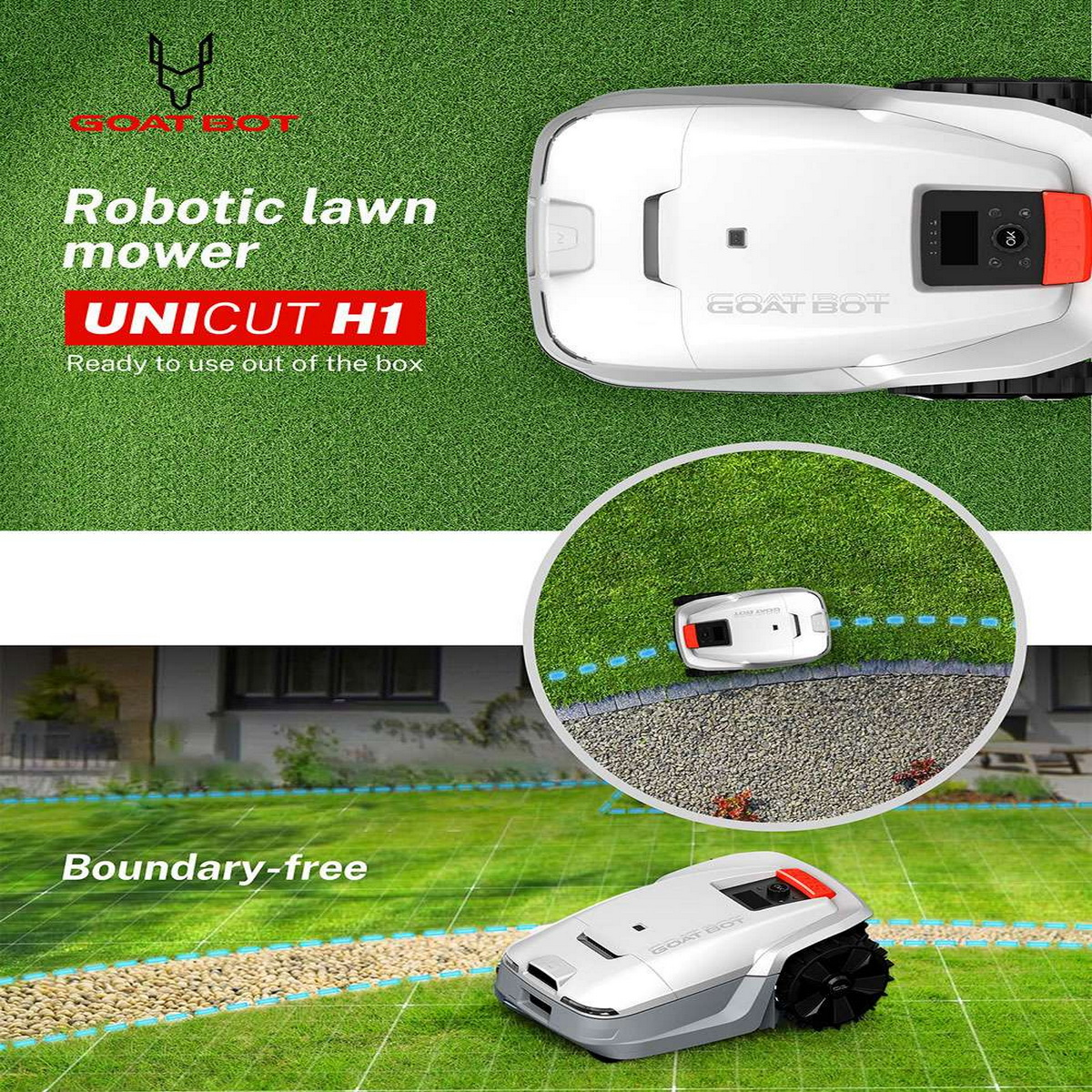 Robotyczna kosiarka do trawy na trawie. Bez granic, z małym zdjęciem kosiarki.