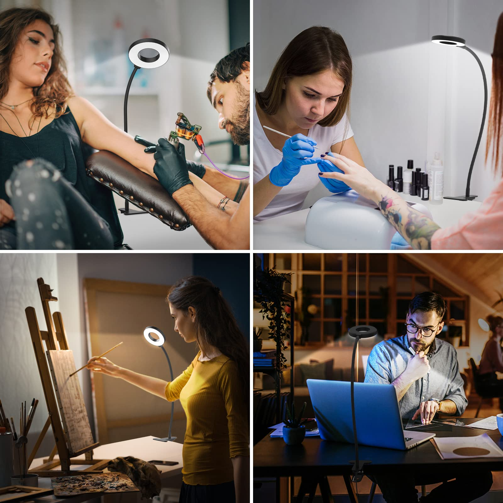 Collage von Personen, die Schreibtischlampen verwenden: Tätowierer, Maniküre, Künstler und jemand am Laptop.