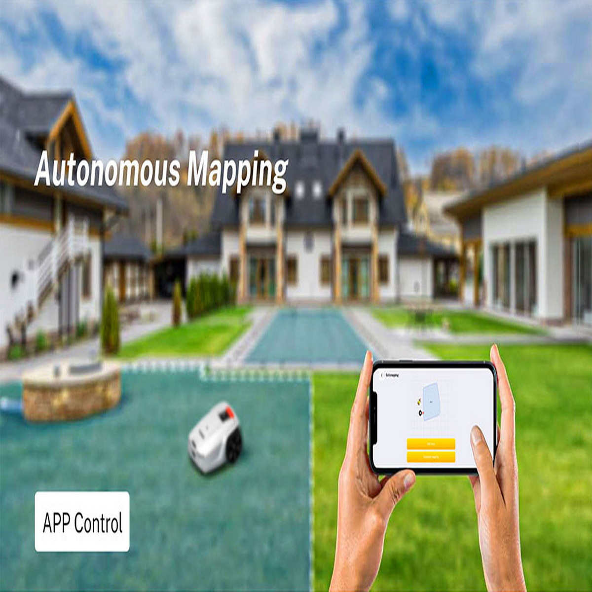 Ręce trzymające telefon z mapą kosiarki, kosiarka w ogrodzie, dom w tle, błękitne niebo.