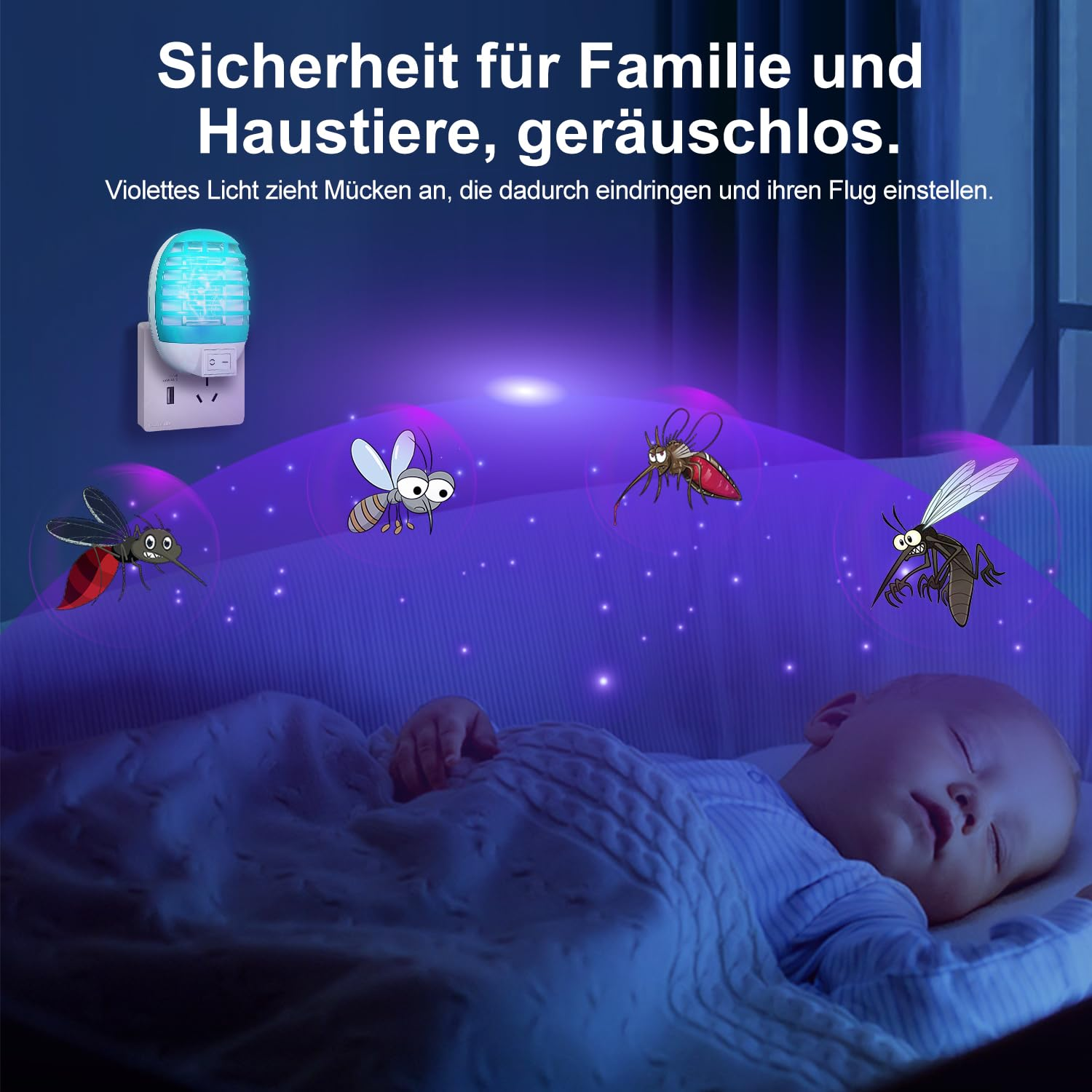 Ein Baby schläft in einem Bett, mit einem Insektenvernichter an der Wand. Käfer fliegen um den Zapper herum.