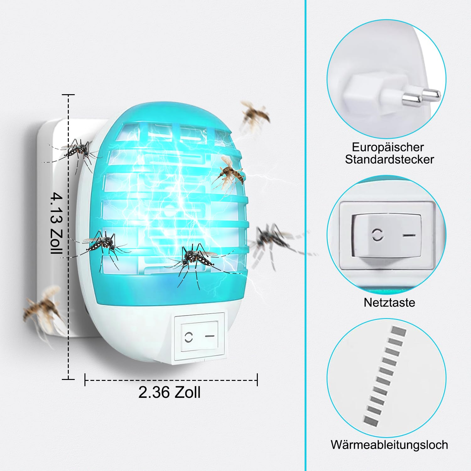 Ein weiß-blauer Mückenvernichter mit Stecker, Schalter und Maßen in Zoll.