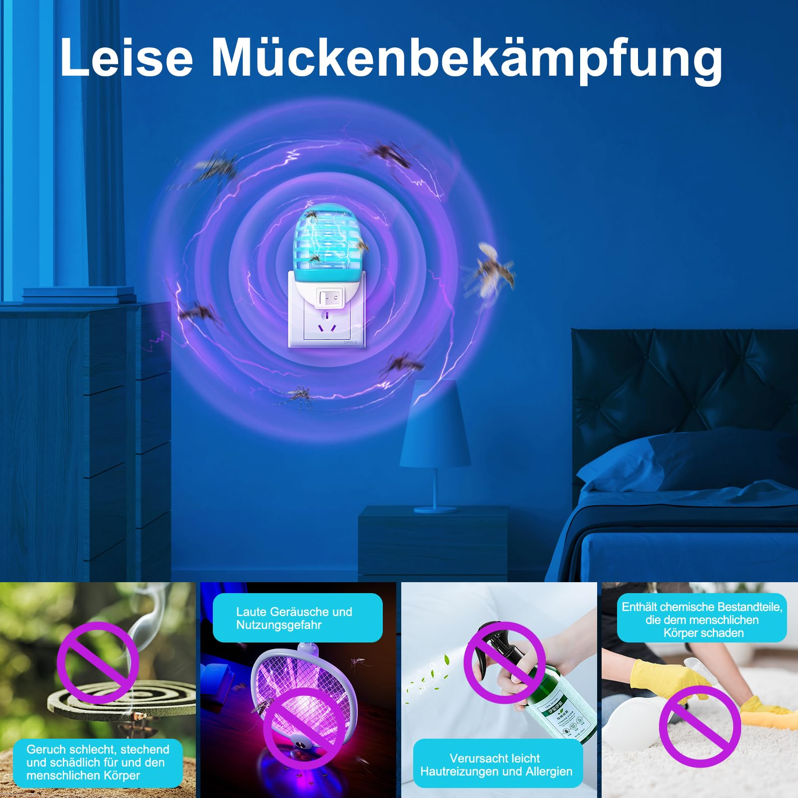Ein Mückenvernichter-Gerät, das violettes Licht aussendet, mit Stecker und verschiedenen schädlichen Alternativen.