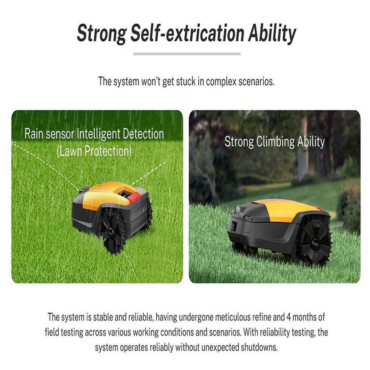 Dwa zdjęcia prezentujące kosiarkę automatyczną, podkreślające jej czujnik deszczu, inteligentne wykrywanie i zdolności wspinaczkowe.
