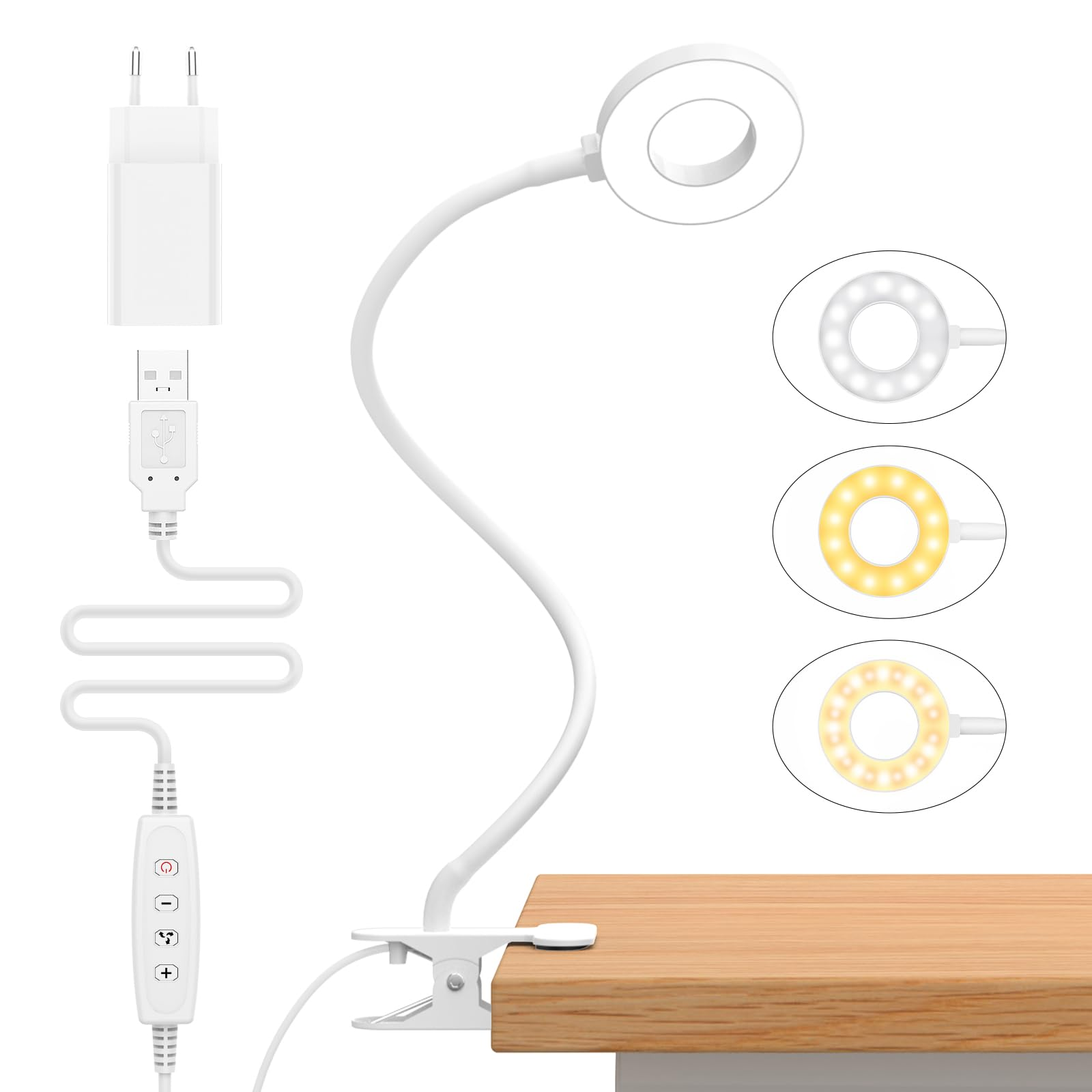Eine weiße Schreibtischlampe mit flexiblem Hals und Ringlichtkopf, mit USB-Kabel und Klemmfuß.