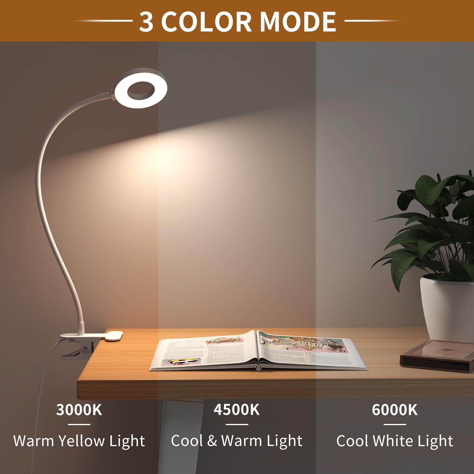 Ein Schreibtisch mit einer weißen Schreibtischlampe mit drei Farbmodi: warmgelb, kühl & warm und kühlweißes Licht.