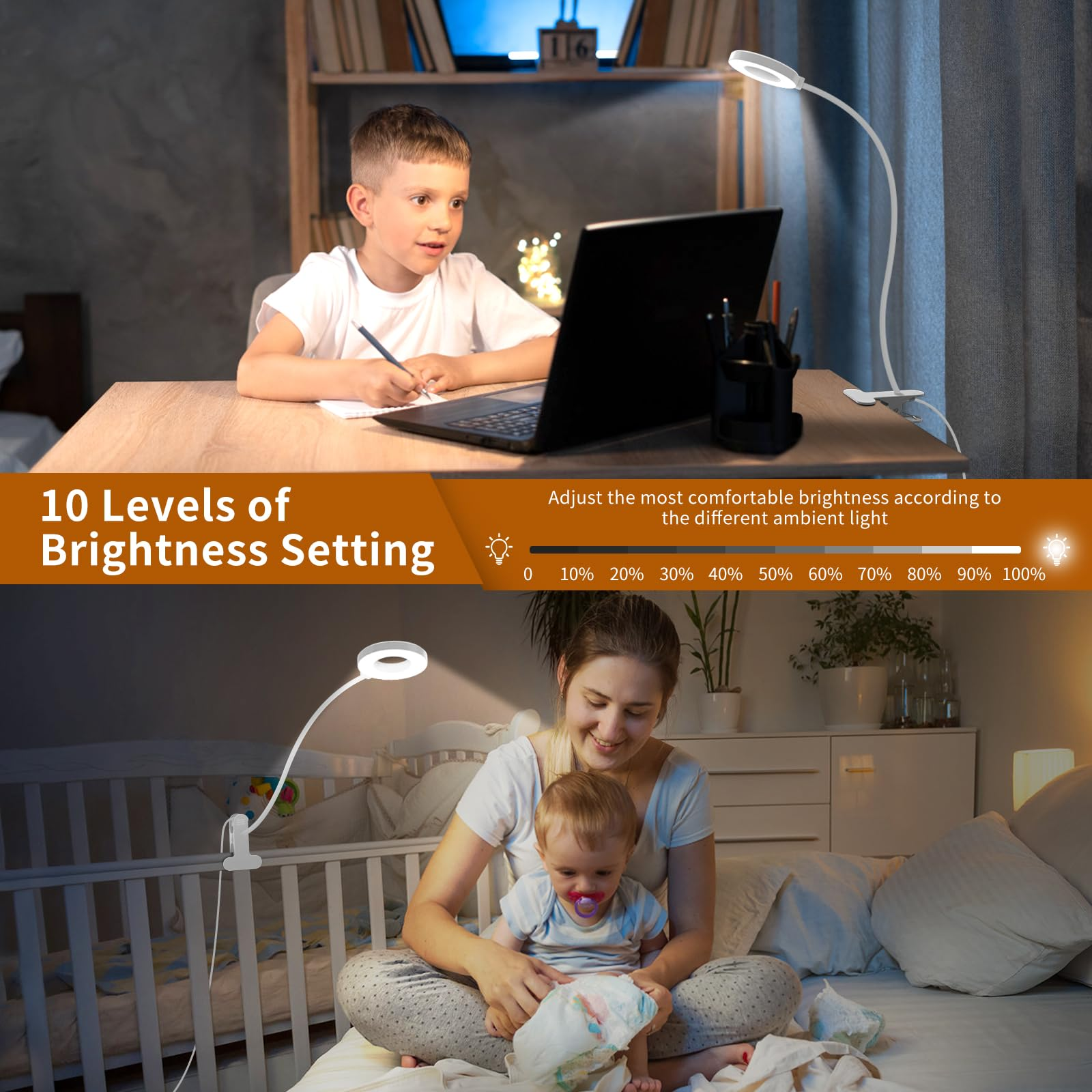 Zwei Bilder einer Schreibtischlampe mit einstellbarer Helligkeit. Eines zeigt einen Jungen beim Lernen, das andere eine Mutter mit Baby.