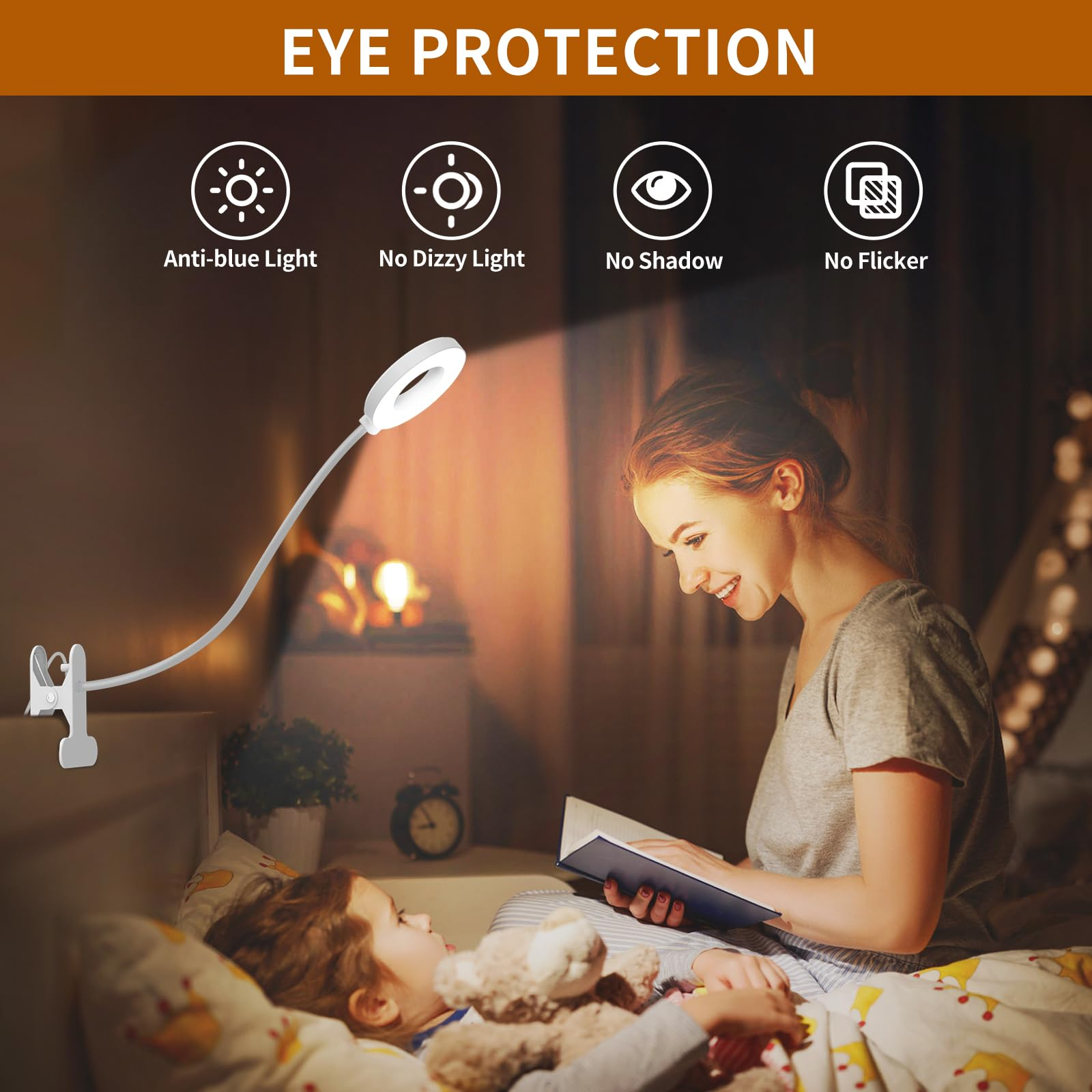 Eine Frau und ein Kind lesen im Bett mit einer weißen Schreibtischlampe. Die Lampe ist für den Augenschutz konzipiert.