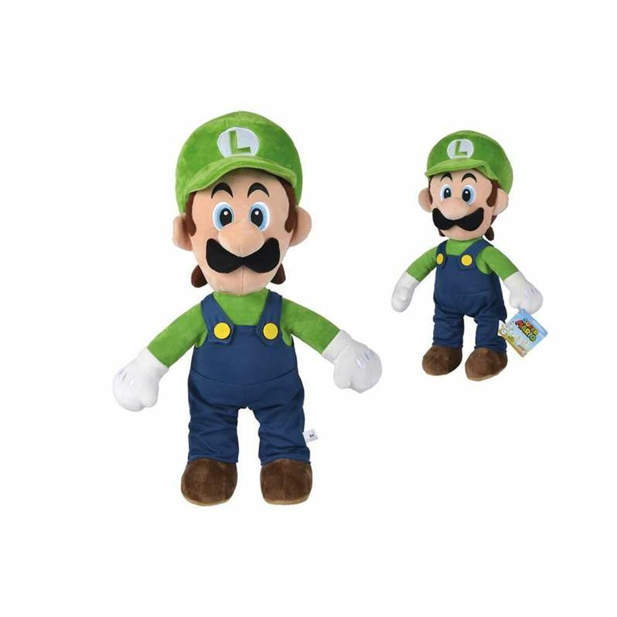 Zwei Luigi-Plüschtiere mit grünen Hüten und Overalls, mit einem Super Mario-Etikett. Weißer Hintergrund.