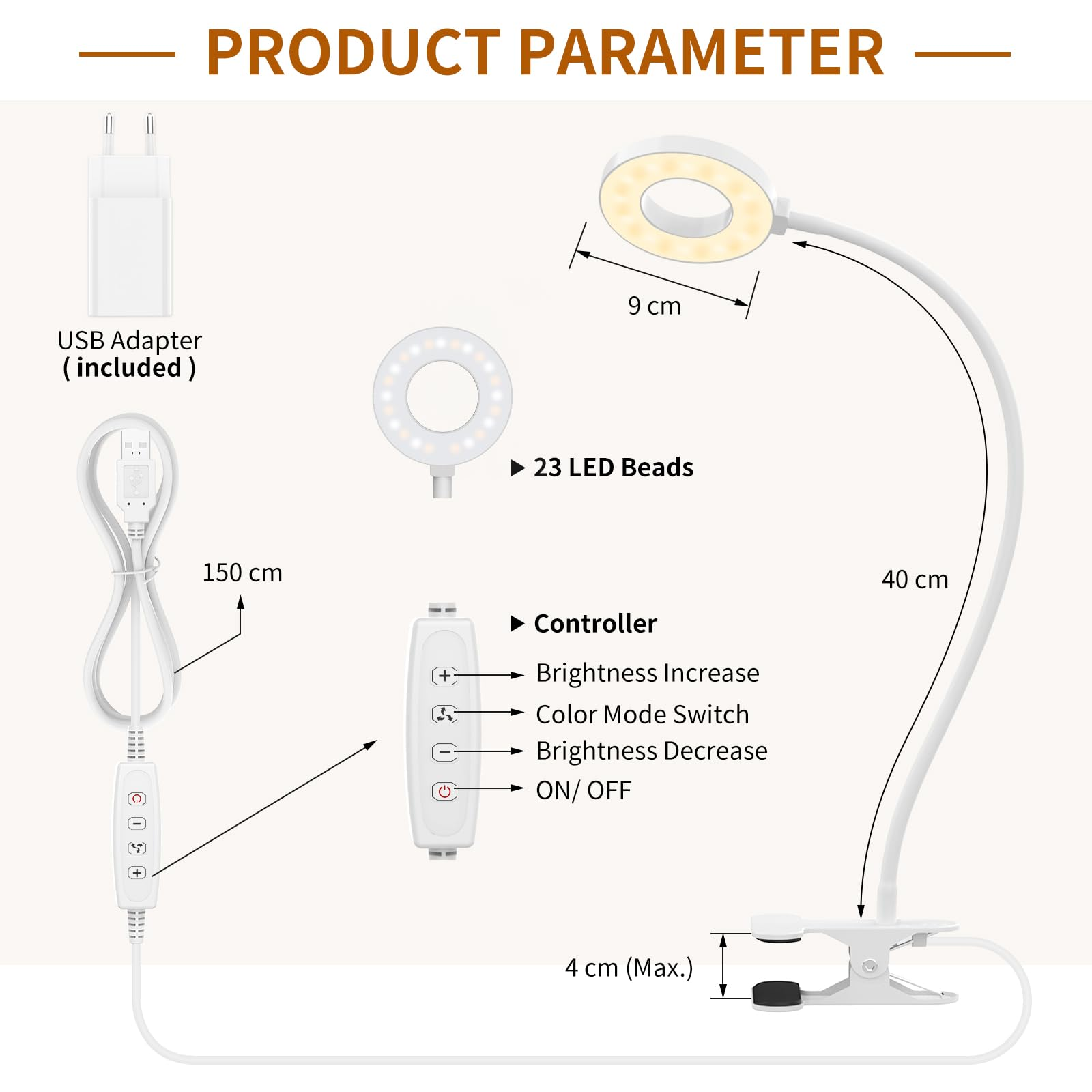 Ein weißes Ringlicht mit flexiblem Arm und Clip. Das Diagramm zeigt Abmessungen und Controller-Details.