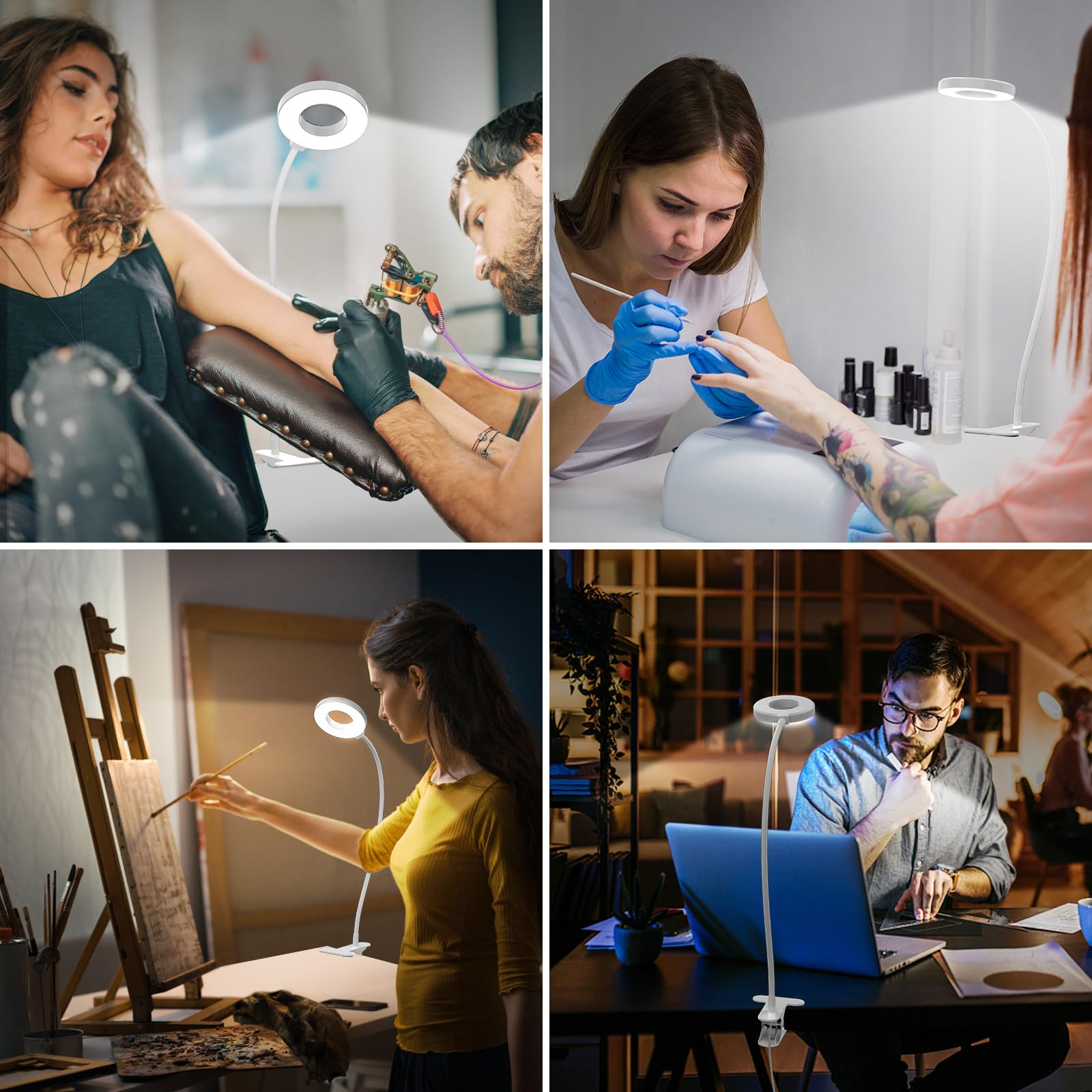 Vier Bilder, die zeigen, wie Menschen ein Ringlicht zum Tätowieren, Maniküren, Malen und für Computerarbeiten verwenden.