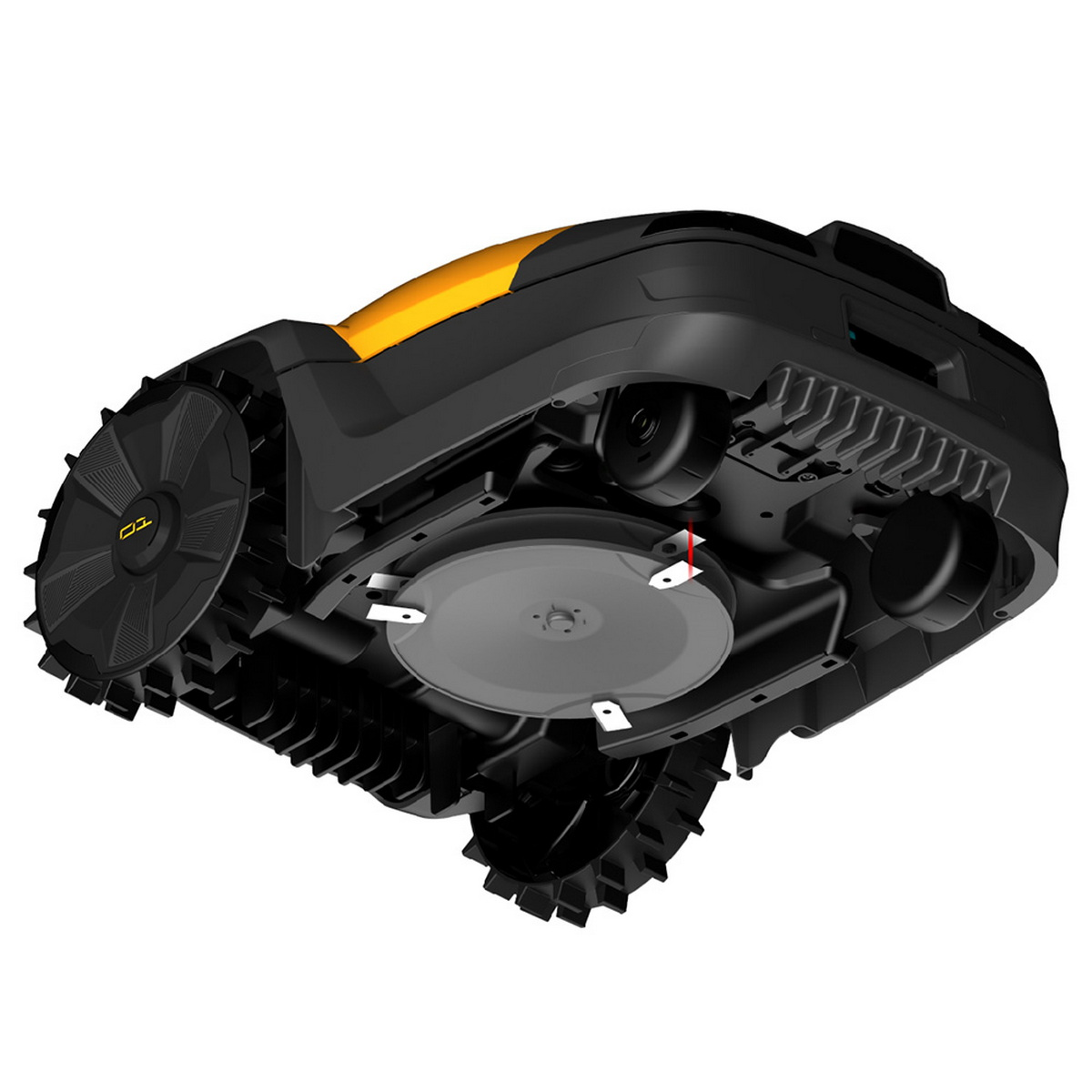 Kosiarka robotyczna, z żółtym i czarnym wzorem, pokazująca wewnętrzne ostrza i koła.