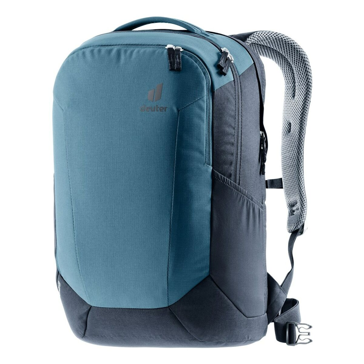 Blau-schwarzer Deuter-Rucksack auf weißem Hintergrund, Seitenansicht, mit Gurten und Logo.