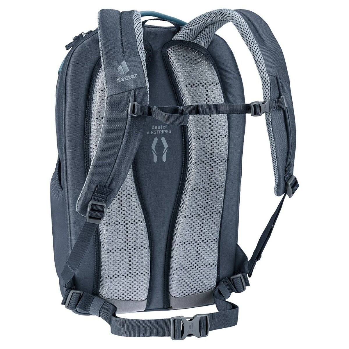 Ein blauer und grauer Rucksack mit schwarzen Riemen und einem Deuter-Logo auf der Rückseite.