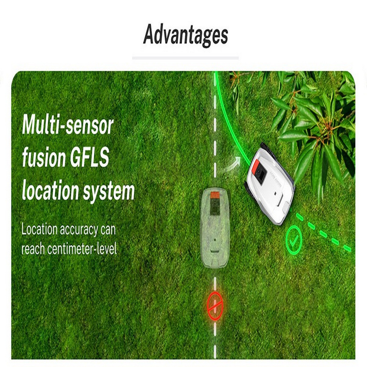 Kosiarka automatyczna na trawie, z diagramem systemu lokalizacji i tekstem, schemat kolorów zielono-biały.