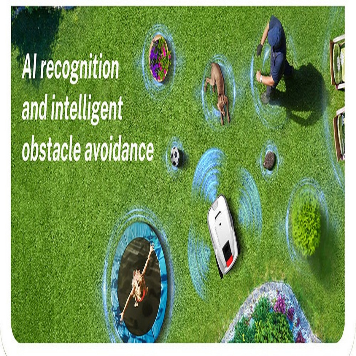 Trawnik z kosiarką robotem, dziewczynką, psem i piłką nożną. Tekst mówi o rozpoznawaniu i unikaniu AI.