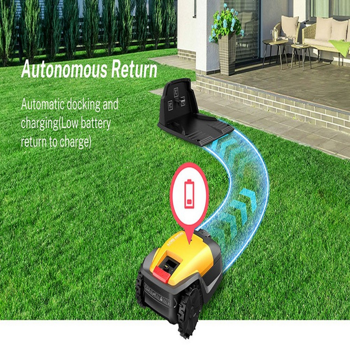 Robotyczna kosiarka do trawy na trawniku. Kosiarka jest żółta z czarnymi kołami. Tekst mówi Autonomiczny powrót.