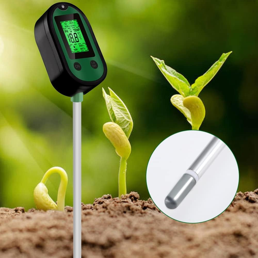Bodenmessgerät mit Digitalanzeige, die pH-Wert und Temperatur anzeigt. Junge Pflanzen sind im Hintergrund.