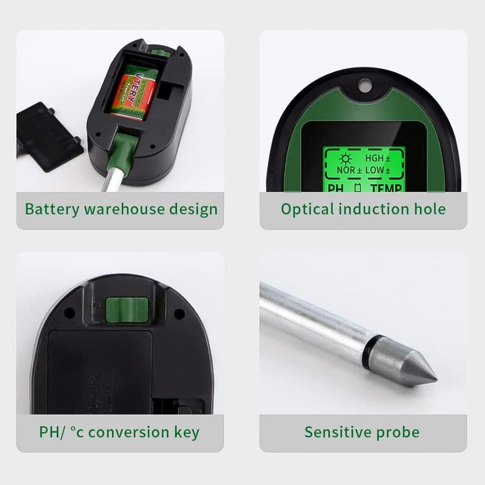 Nahaufnahme eines Bodenmessgeräts, das seine Komponenten zeigt: Batteriefach, Anzeige und Sonde.