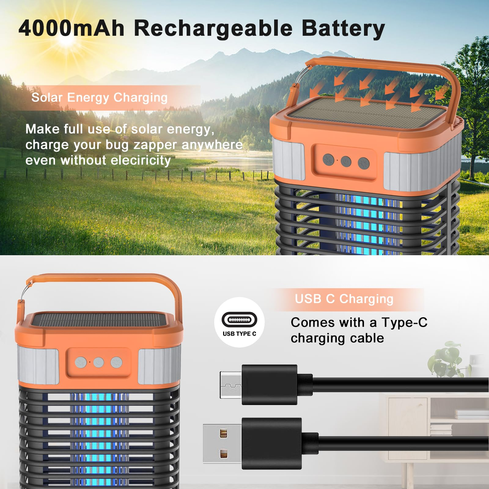 Wiederaufladbarer Insektenvernichter mit Solar- und USB-C-Aufladung. Zeigt ein Ladekabel und Batterieinformationen.