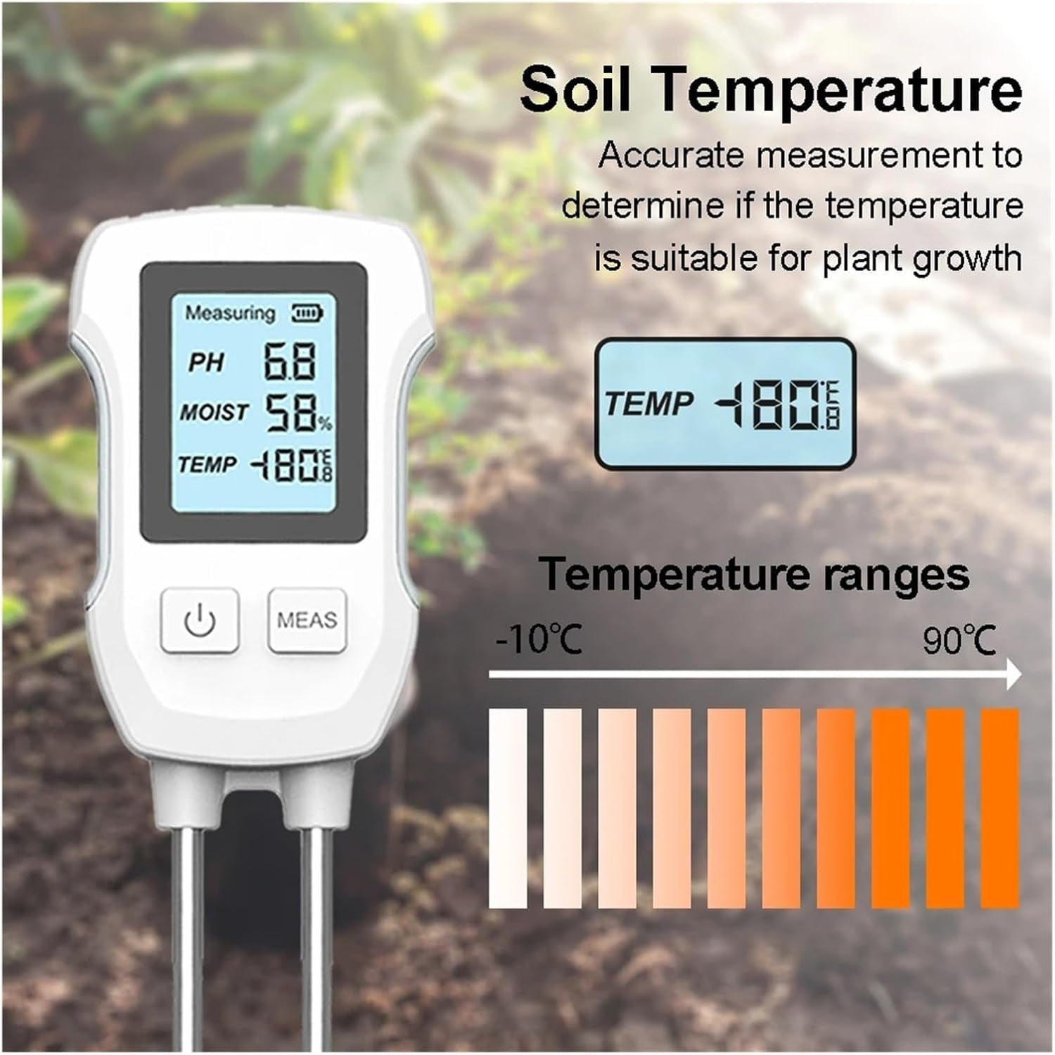 Weißes Bodentestgerät zeigt pH-Wert, Feuchtigkeit und Temperatur an. Text zeigt Bodentemperaturbereiche.
