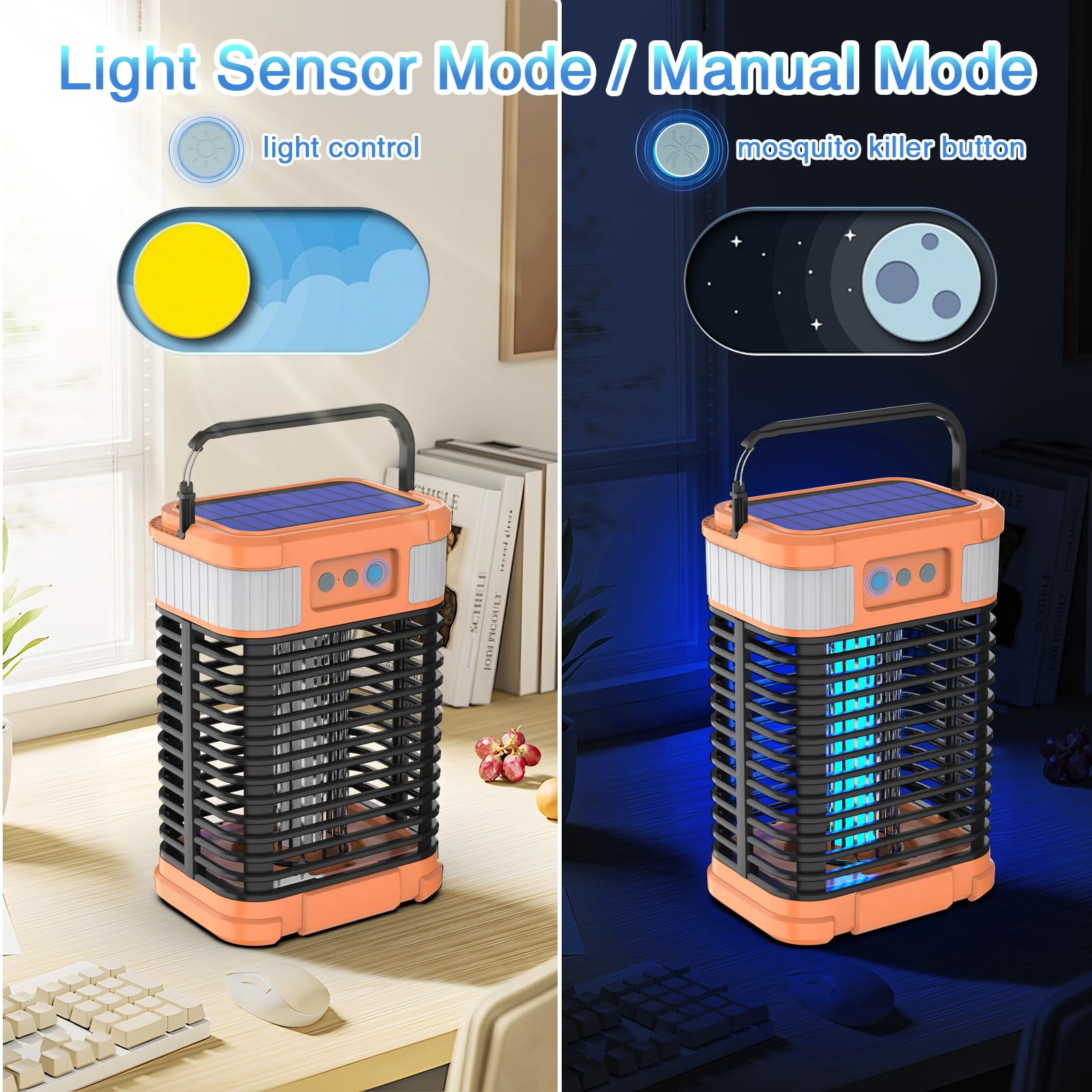 Insektenvernichter mit Lichtsensor/manuellem Modus. Zeigt einen Insektenvernichter unter verschiedenen Lichtverhältnissen.