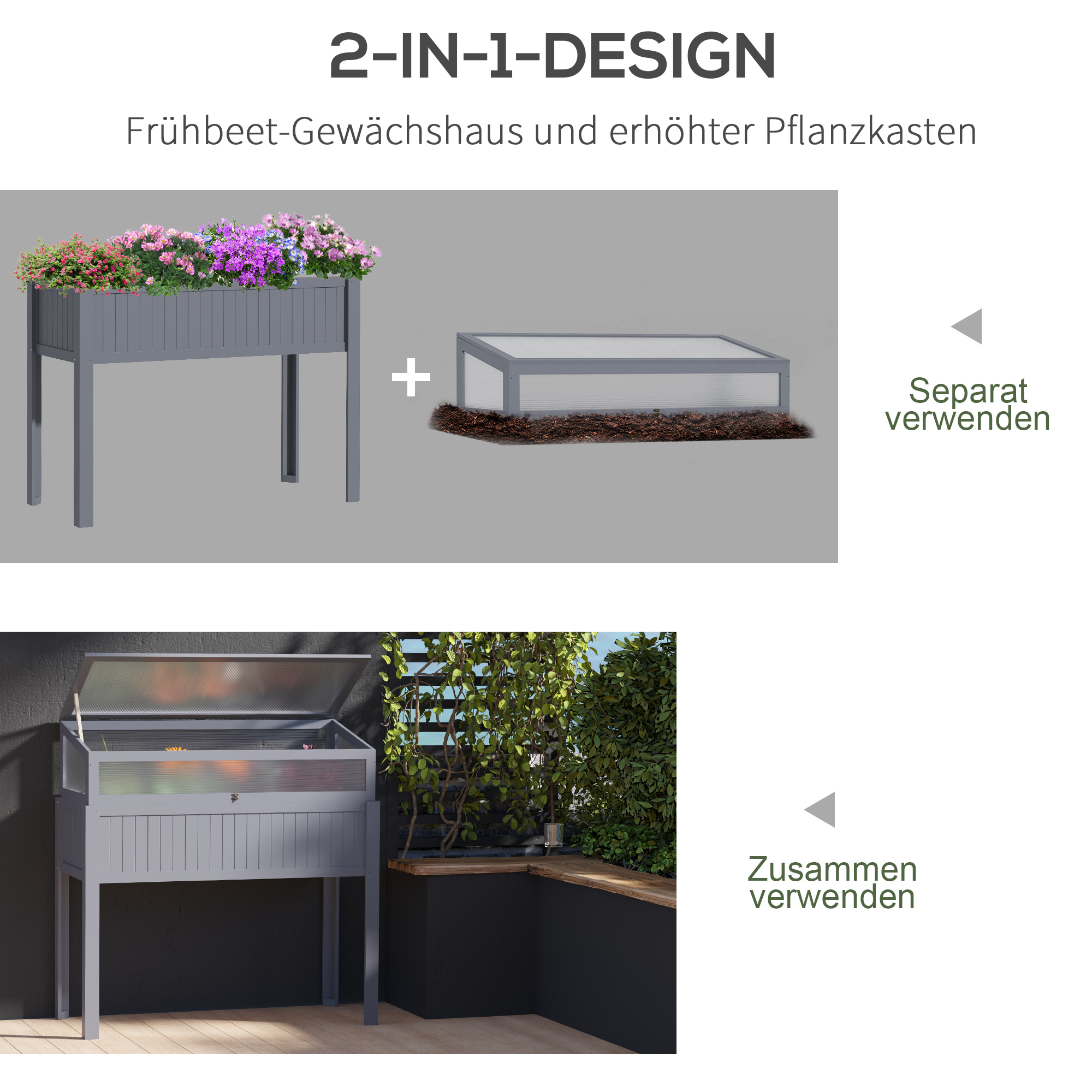 Graues Hochbeet mit Blumen und einem Gewächshausdeckel sowie ein separates Gewächshaus. 2-in-1-Design.