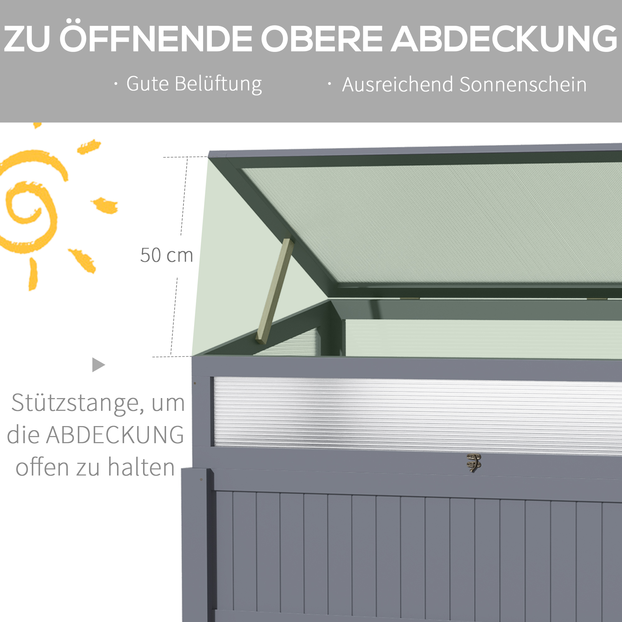 Eine graue Aufbewahrungsbox mit einem zu öffnenden Deckel, der von einer Stützstange gehalten wird.