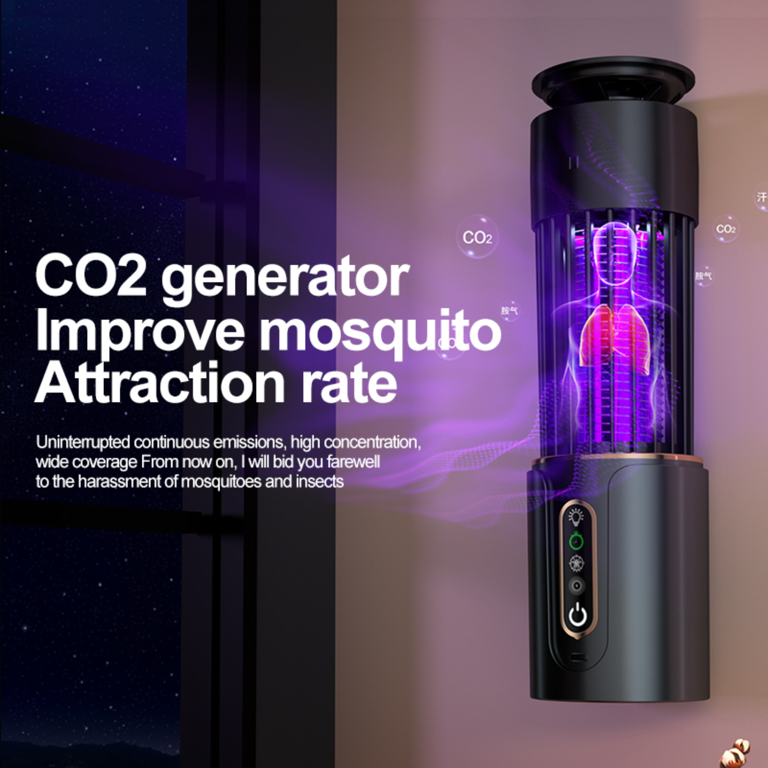 Schwarzer Insektenvernichter an einer Wand, der violettes Licht aussendet. Zeigt CO2-Generator und Mückenanziehung.