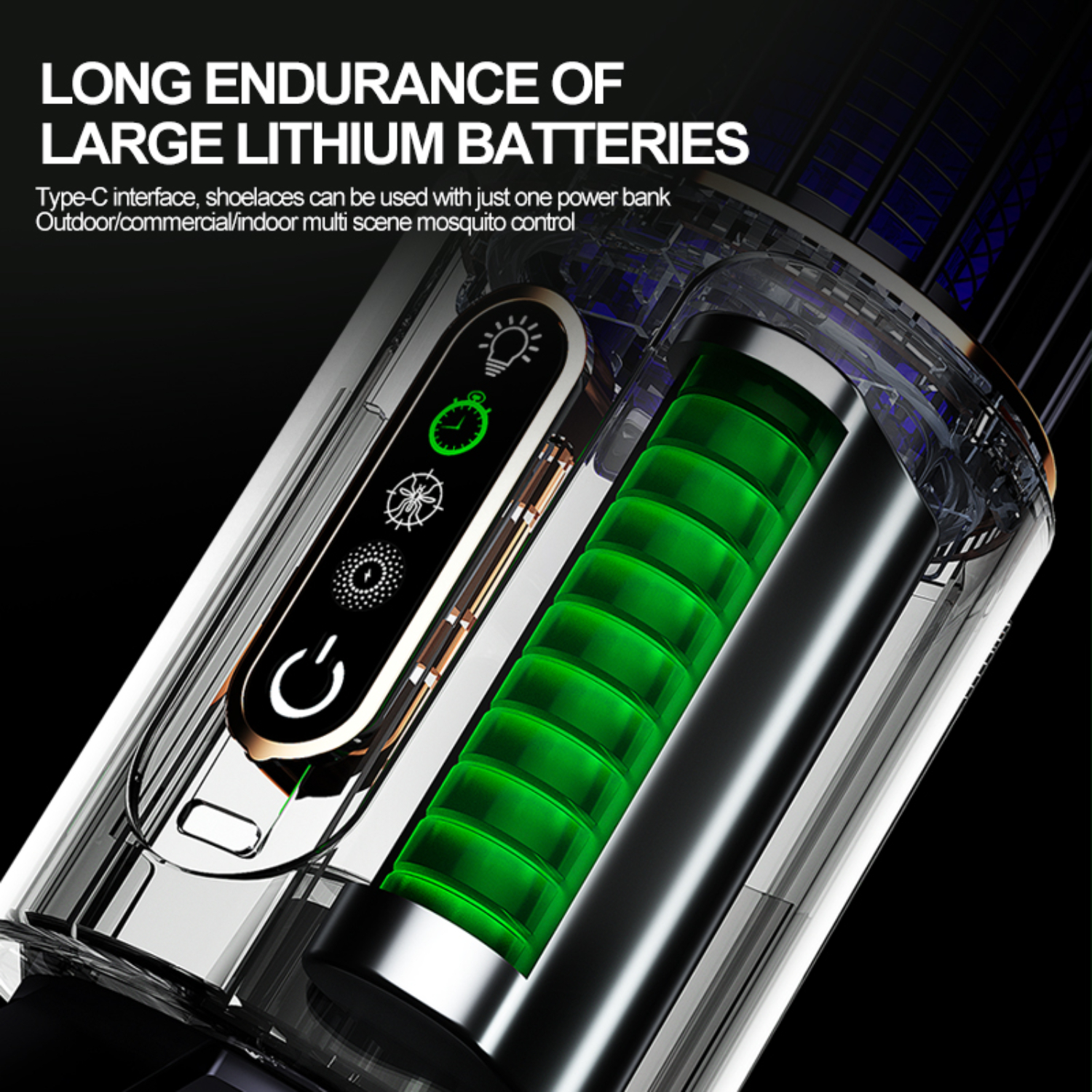 Nahaufnahme der Mückenfalle mit Batterie. Text: Lange Lebensdauer großer Lithiumbatterien.