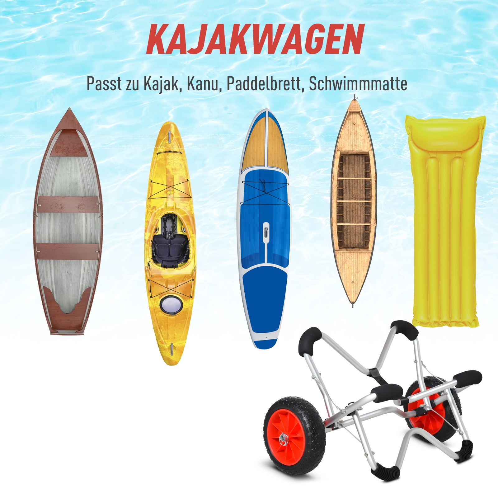 Verschiedene Boote und ein Kajakwagen auf blauem Hintergrund. Text 