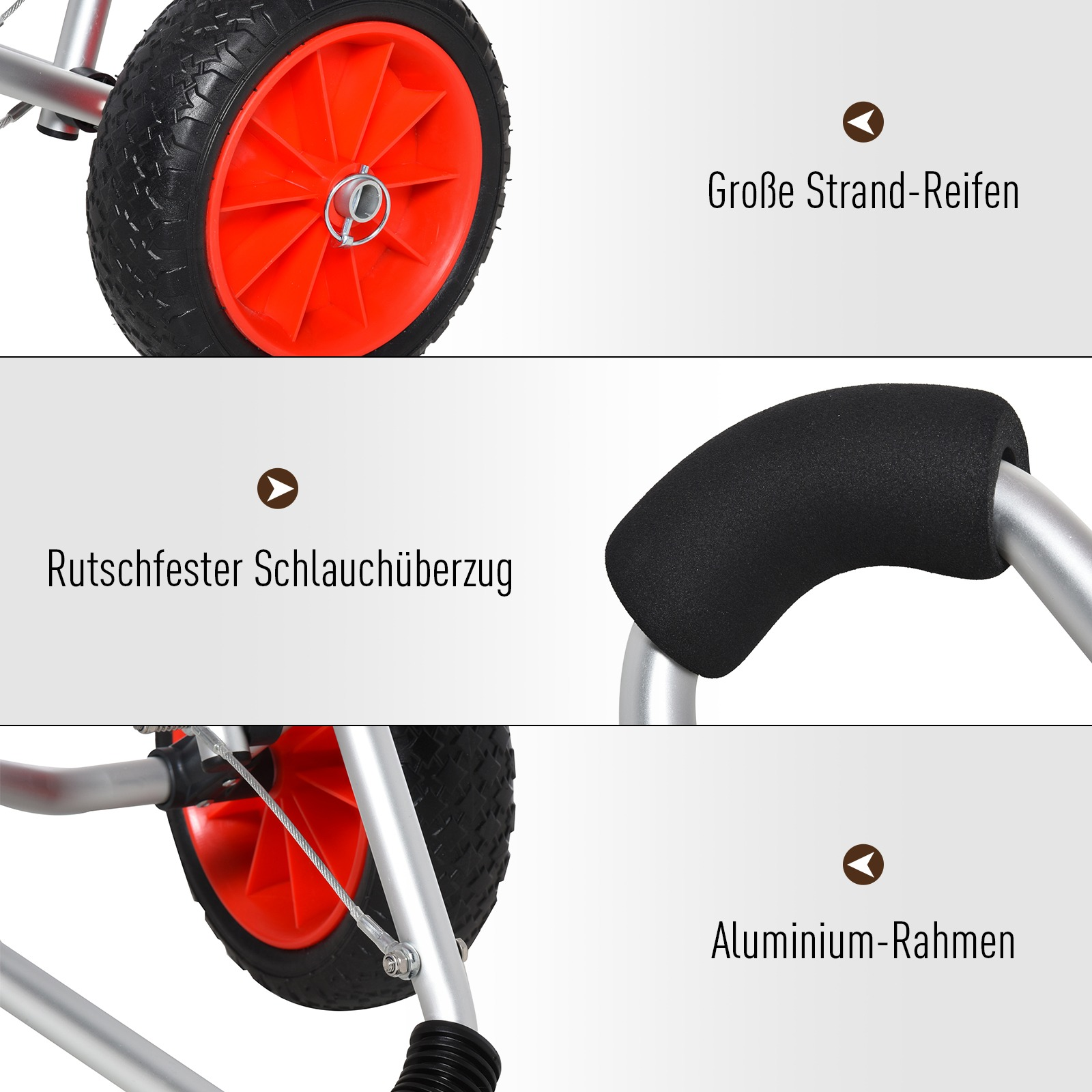 Nahaufnahme der Wagenräder und Griffteile. Text: Große Strandreifen, rutschfester Schlauchbezug, Aluminiumrahmen.