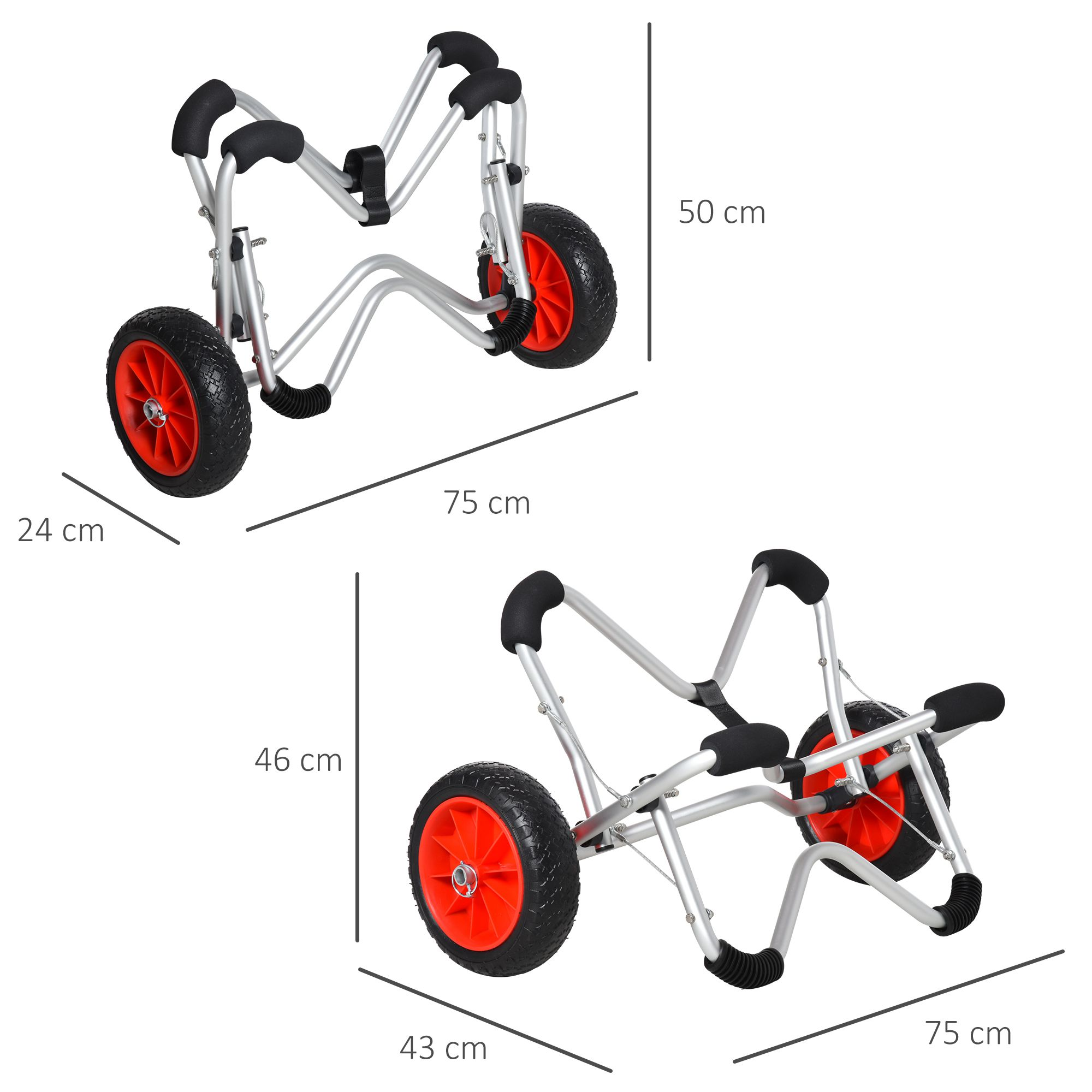 Zwei Kajakwagen, die Abmessungen zeigen. Der obere ist 75 cm lang. Der untere ist 75 cm lang.
