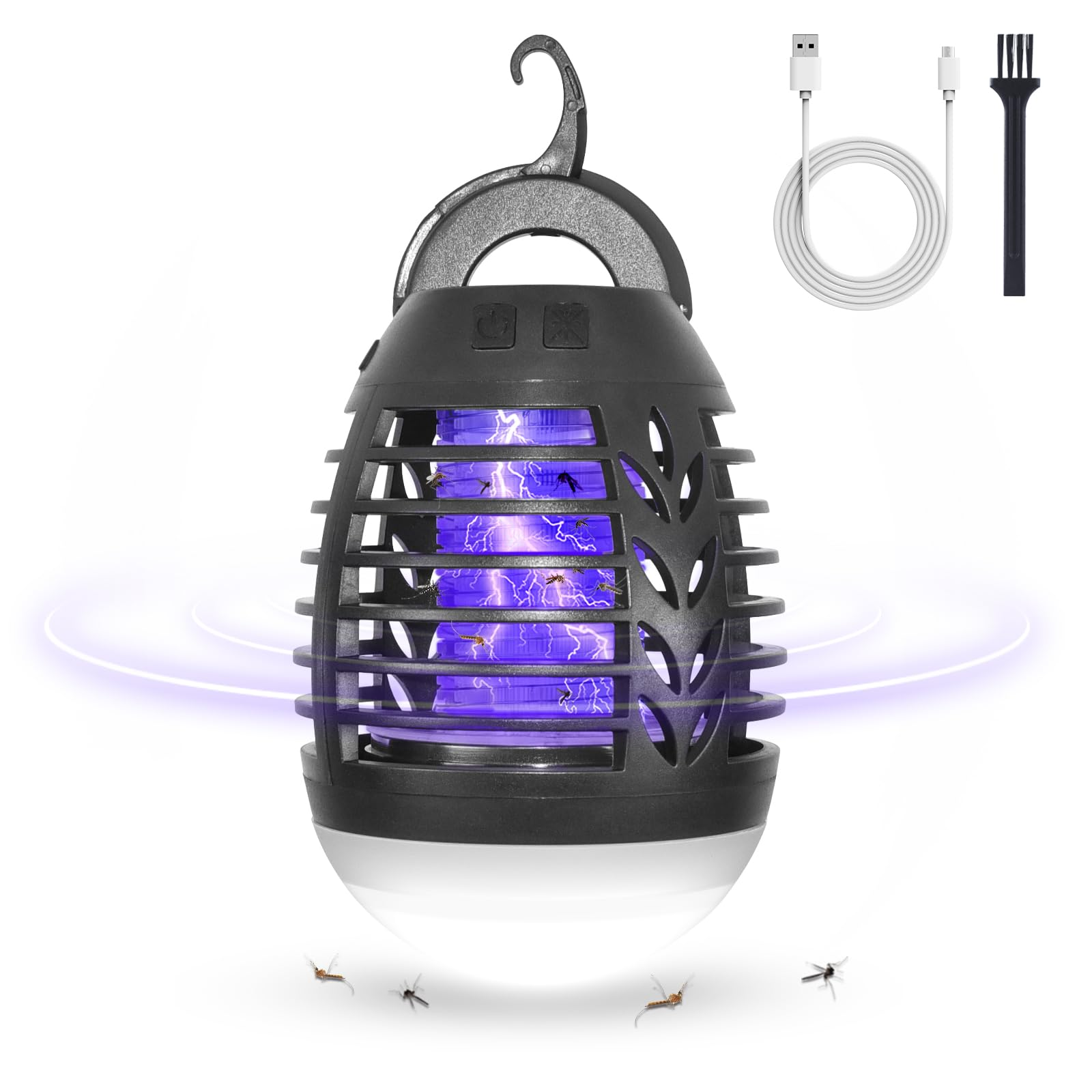 Schwarzer Insektenvernichter mit Aufhängehaken und USB-Kabel. Lila Licht zieht Käfer an.