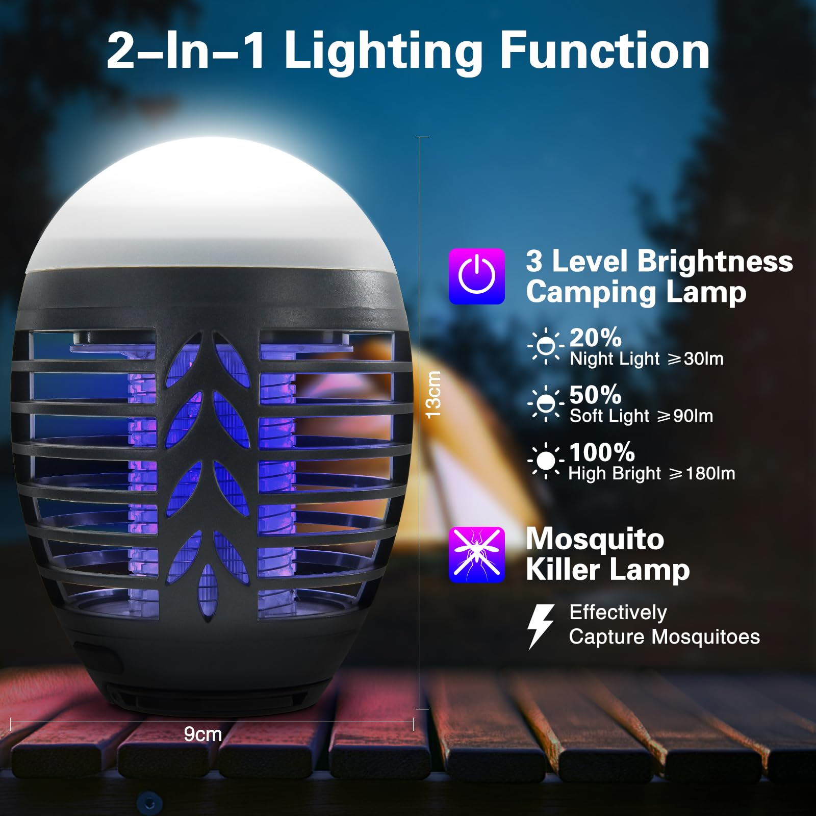Eine schwarz-weiße Mückentöterlampe mit weißem Oberteil. Die Lampe ist eingeschaltet.