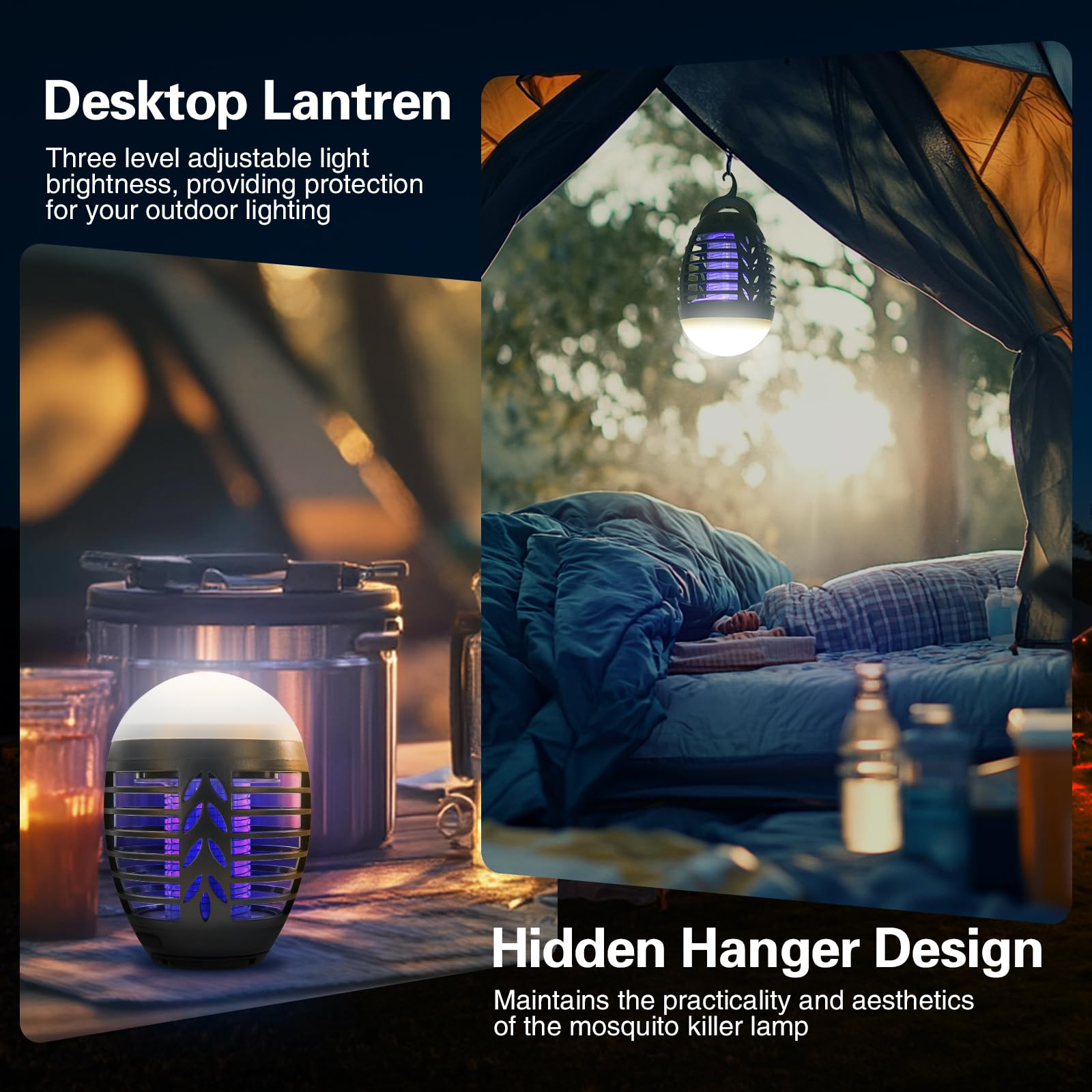 Eine Mückentöterlampe neben einem Zelt und einer darin schlafenden Person. Eine andere draußen auf einem Tisch.