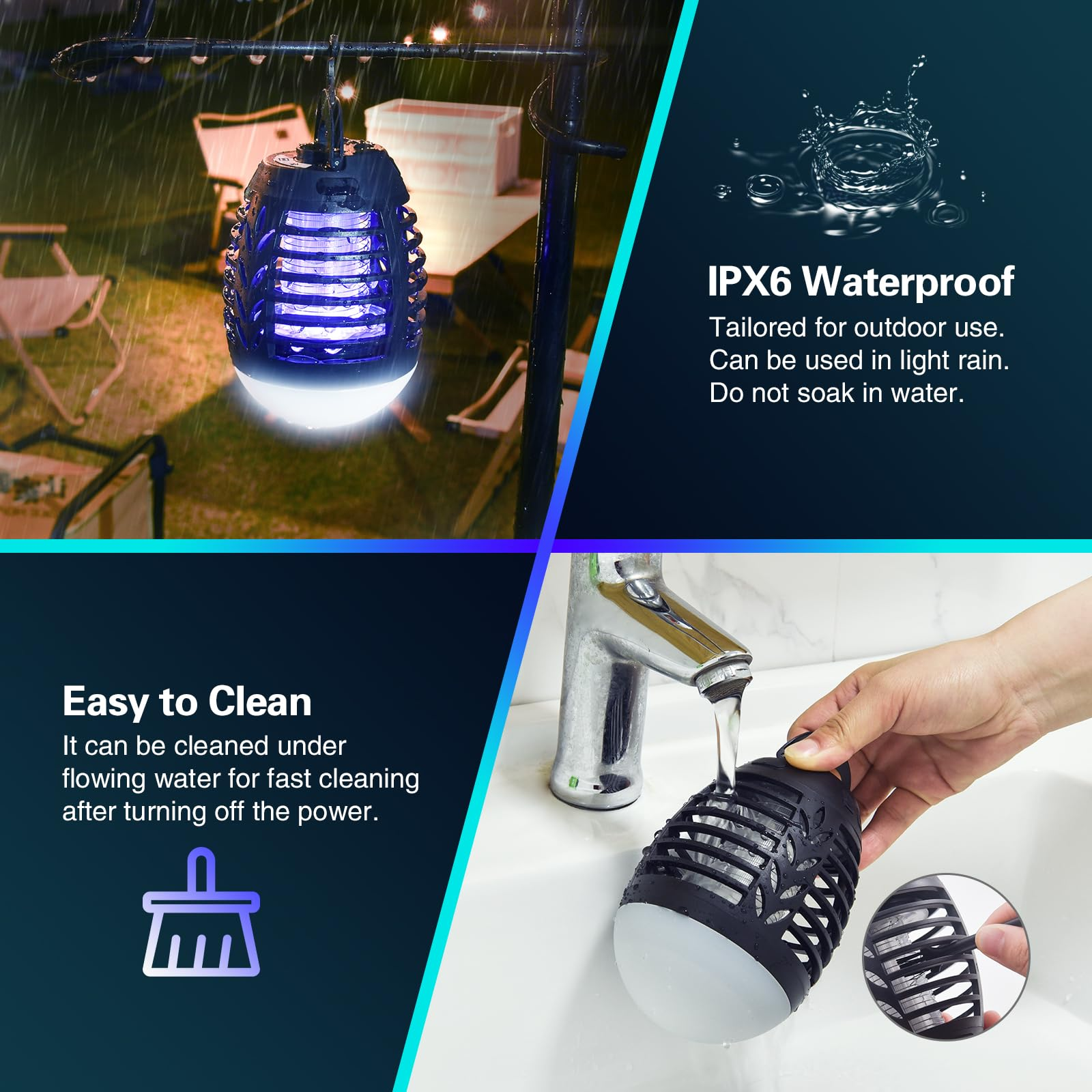 Eine Mückentöterlampe wird unter fließendem Wasser gereinigt. Zeigt auch Bilder von Regen und Außenbereich.