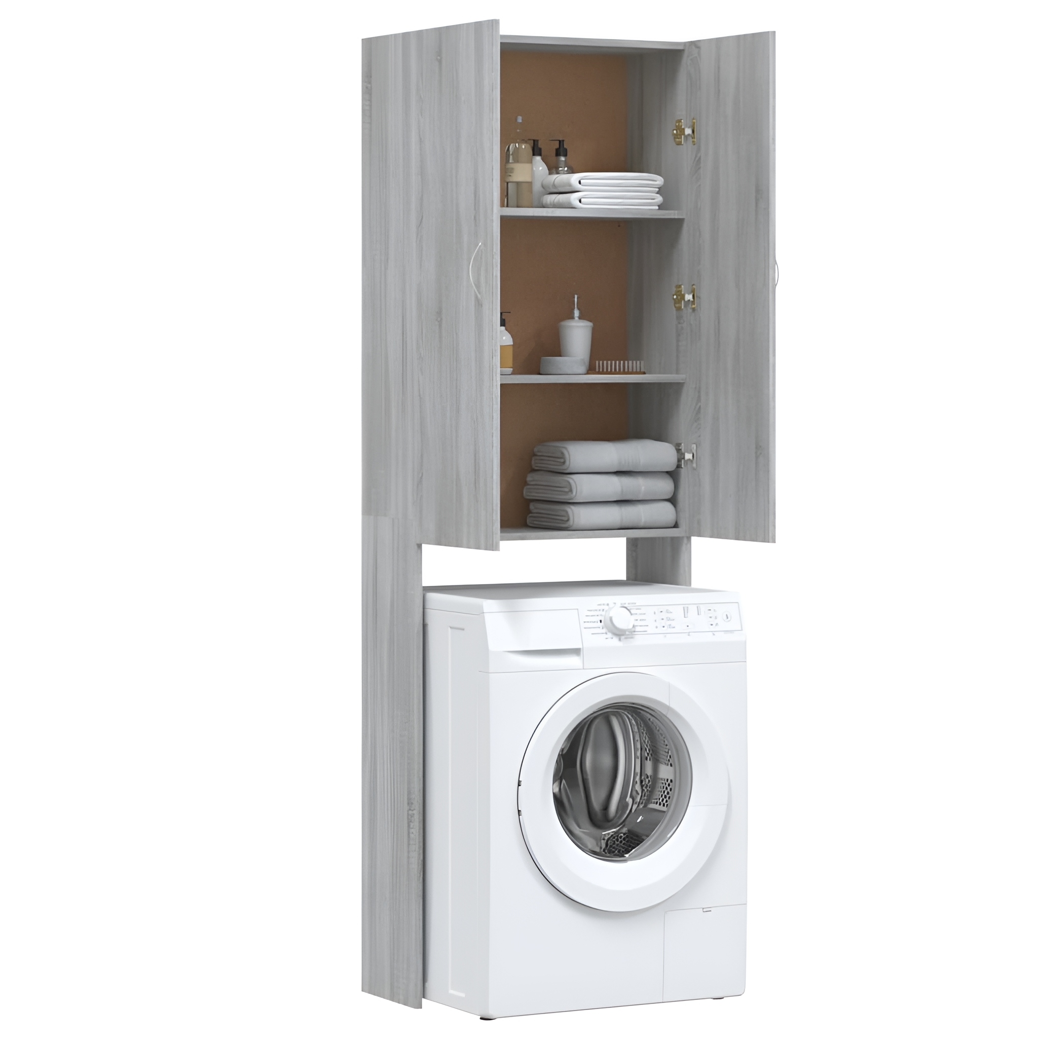 Weiße Waschmaschine unter grauem Schrank mit offenen Türen. Handtücher auf Regalen, weißer Hintergrund.